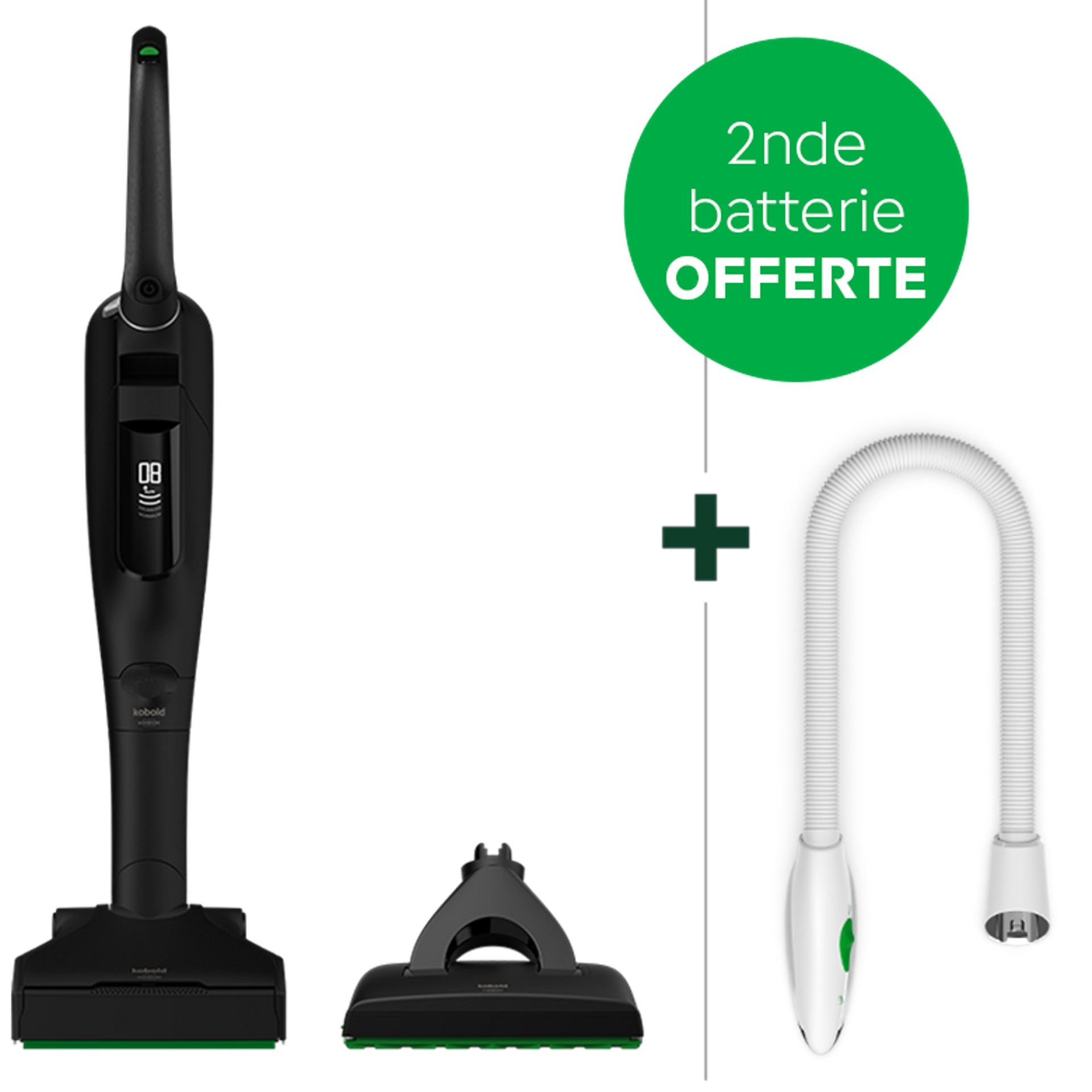 Aspirateur sans fil Kobold VK7 avec brosseur automatique EB7 noir, PB7 et tuyau ; texte offre une 2ᵉ batterie.