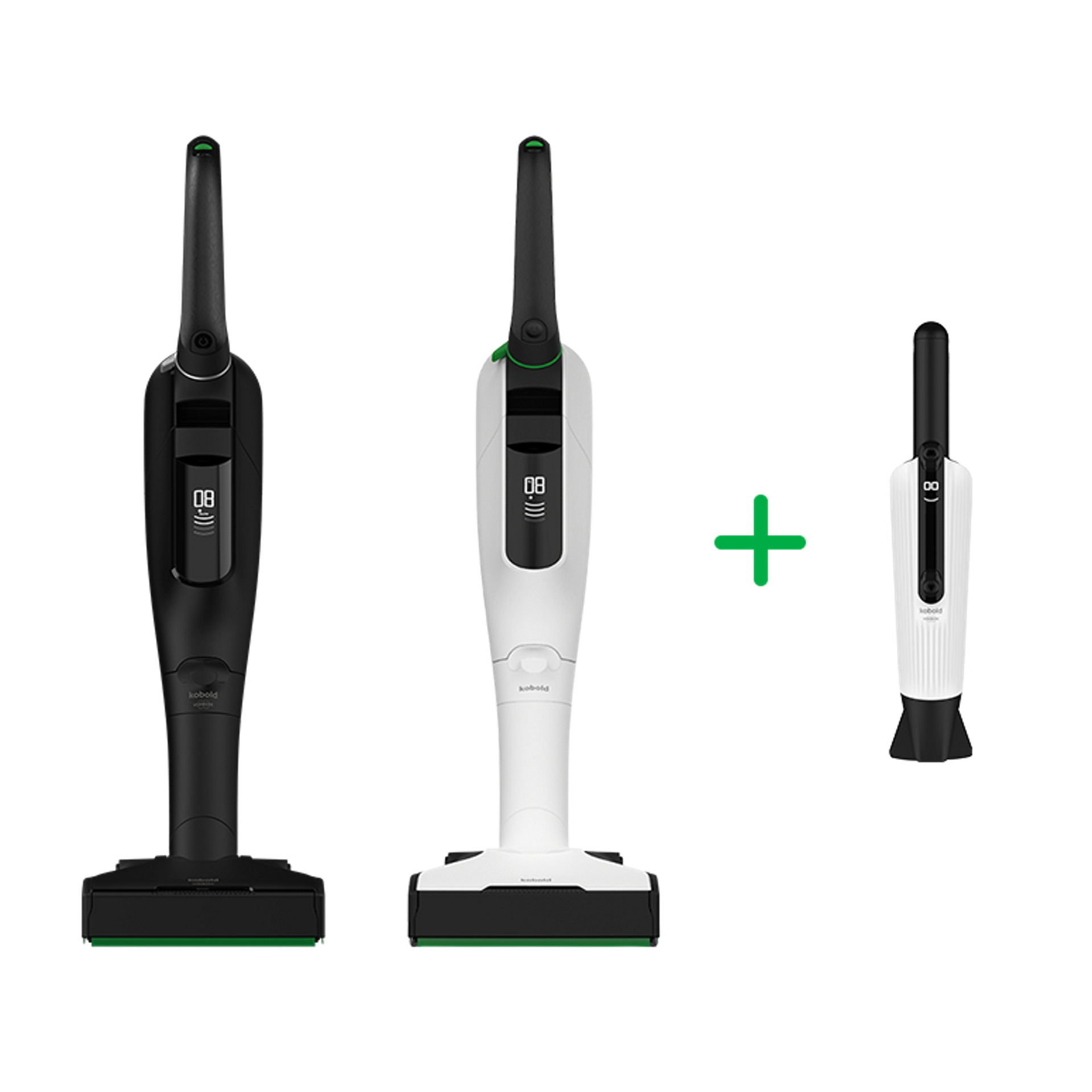 Aspirateur sans fil Kobold VK7 avec brosseur automatique EB7 noir, Aspirateur sans fil Kobold VK7 avec brosseur automatique EB7 et Aspirateur de table Kobold VM7, alignés, avec un signe plus vert.