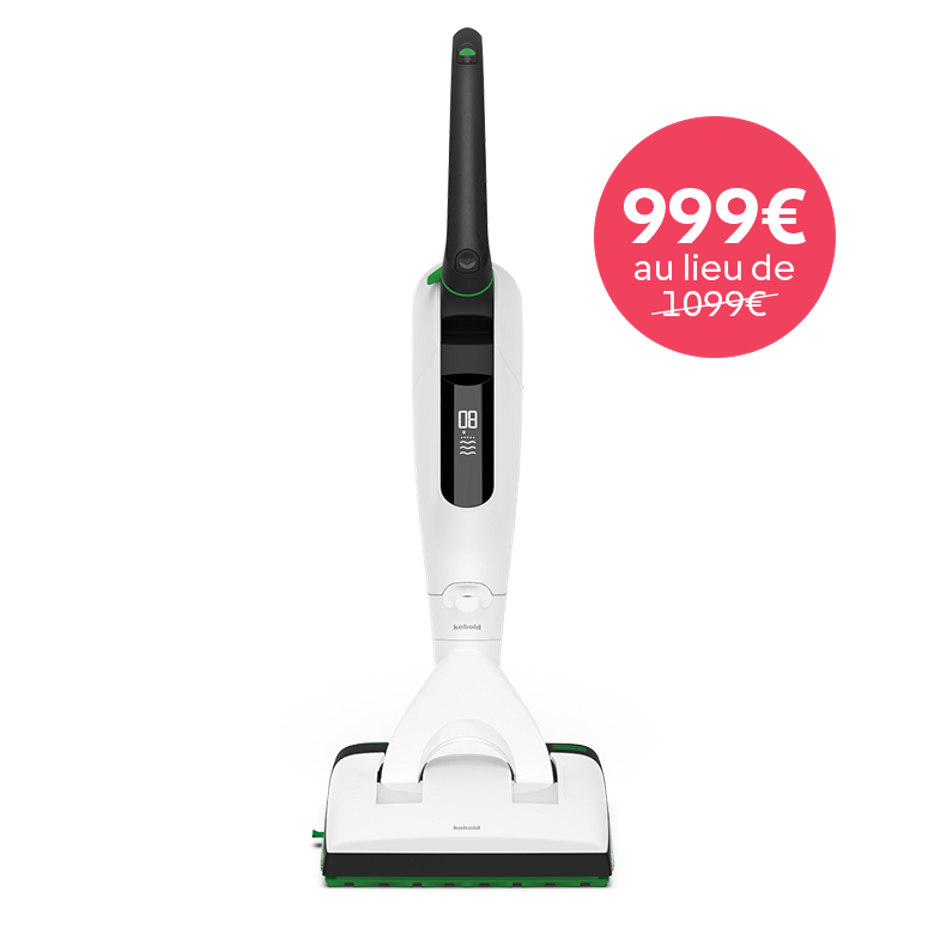 Aspirateur laveur sans fil Kobold VK7 avec brosse DuoSpeed SP7 et badge prix rouge à 999 € au lieu de 1099 €.