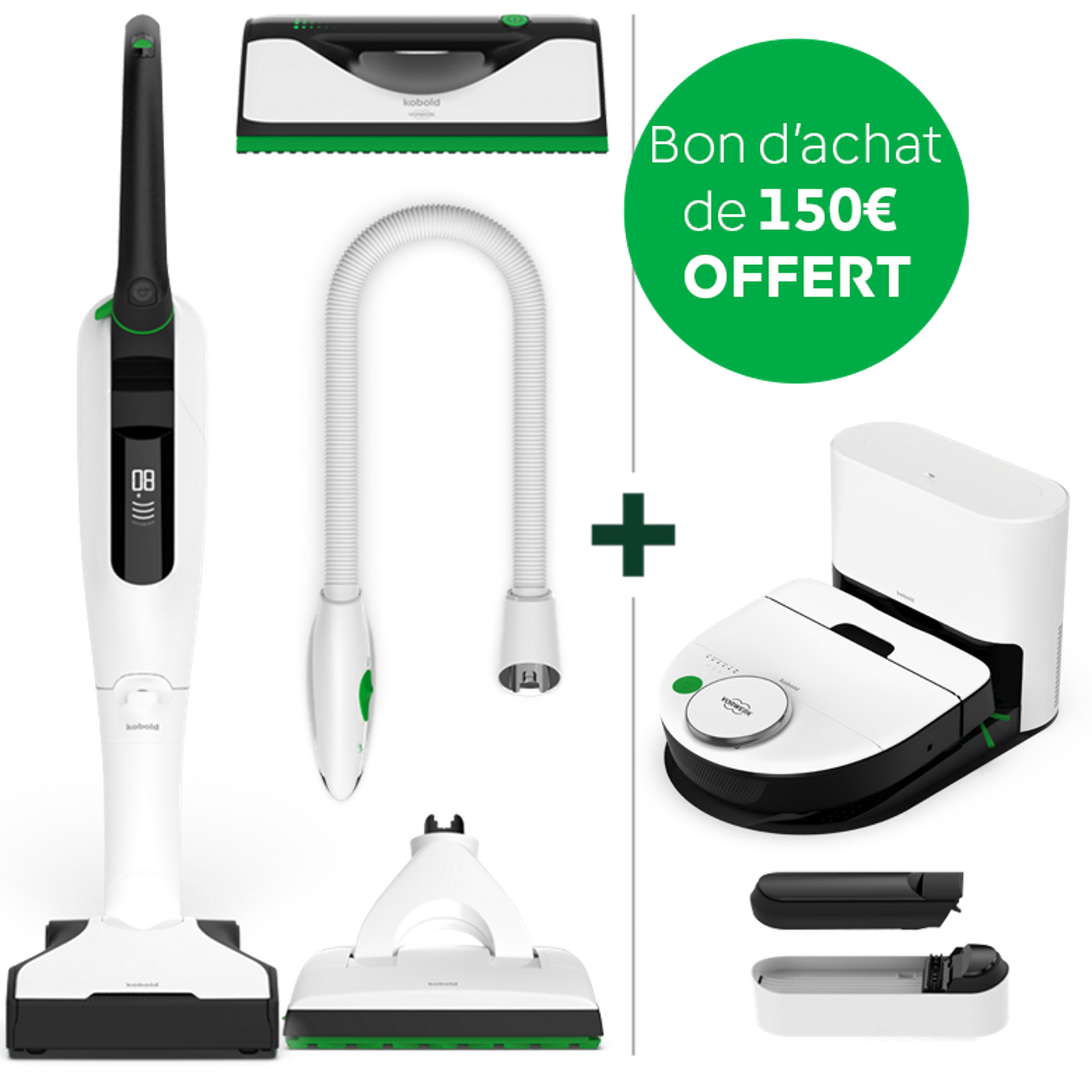 Aspirateur sans fil Kobold VK7, accessoires, nettoyeur de vitres Kobold VG100+ et robot aspirateur VR7 avec base. Cercle vert : bon d'achat de 150 € offert.