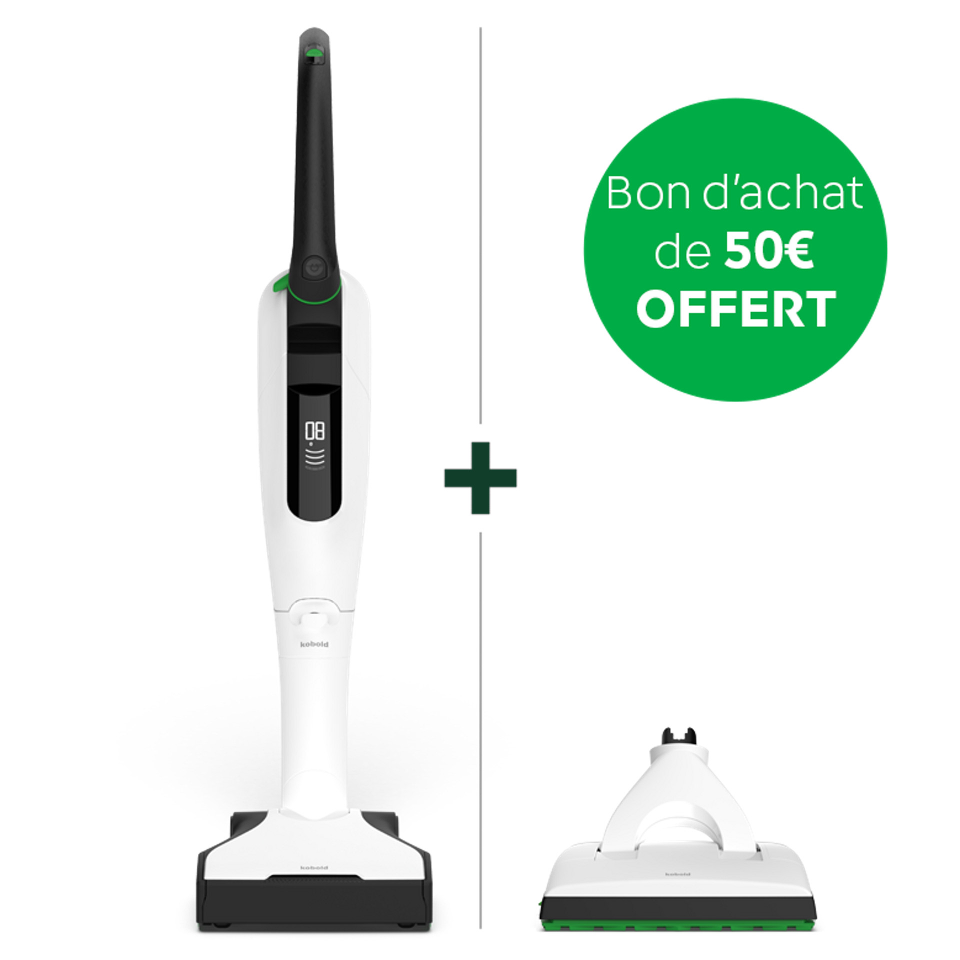 Aspirateur sans fil Kobold VK7 avec brosseur automatique EB7 et brosse DuoSpeed SP7, cercle vert “Bon d’achat de 50€ OFFERT”.