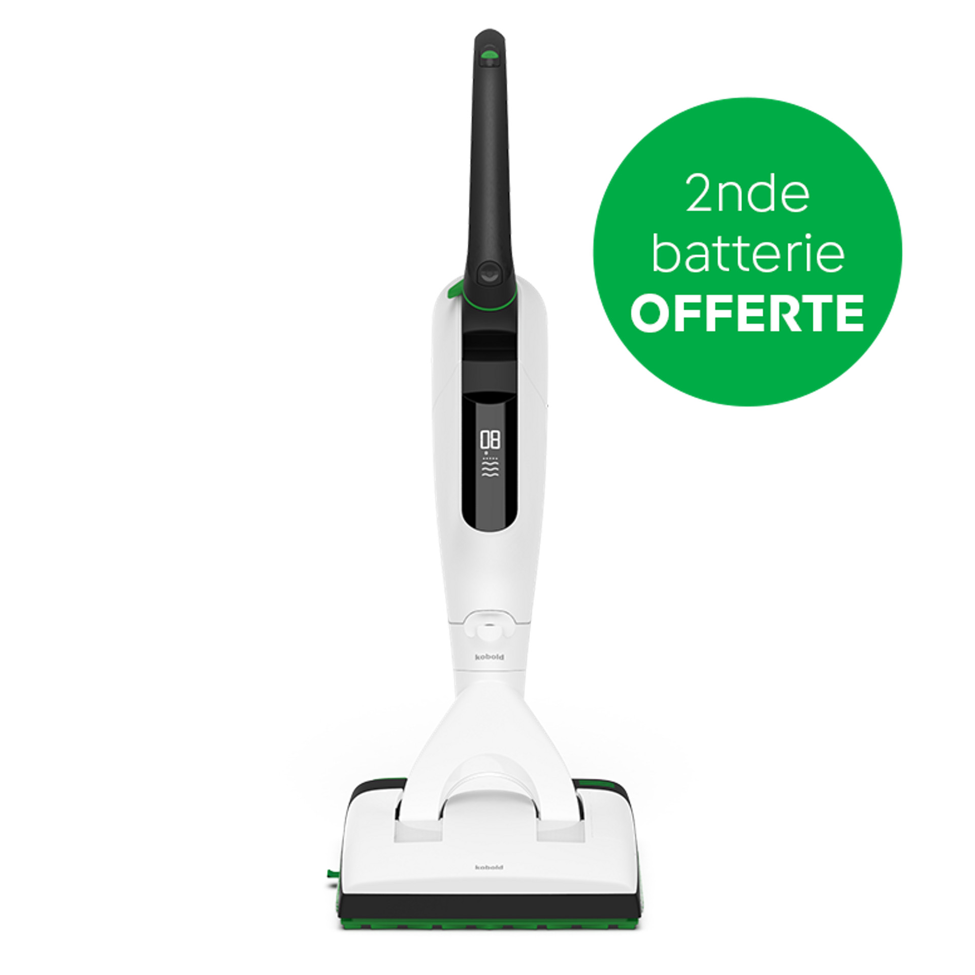 Aspirateur laveur sans fil Kobold VK7 avec brosse DuoSpeed SP7, cercle vert annonce une batterie offerte en français.