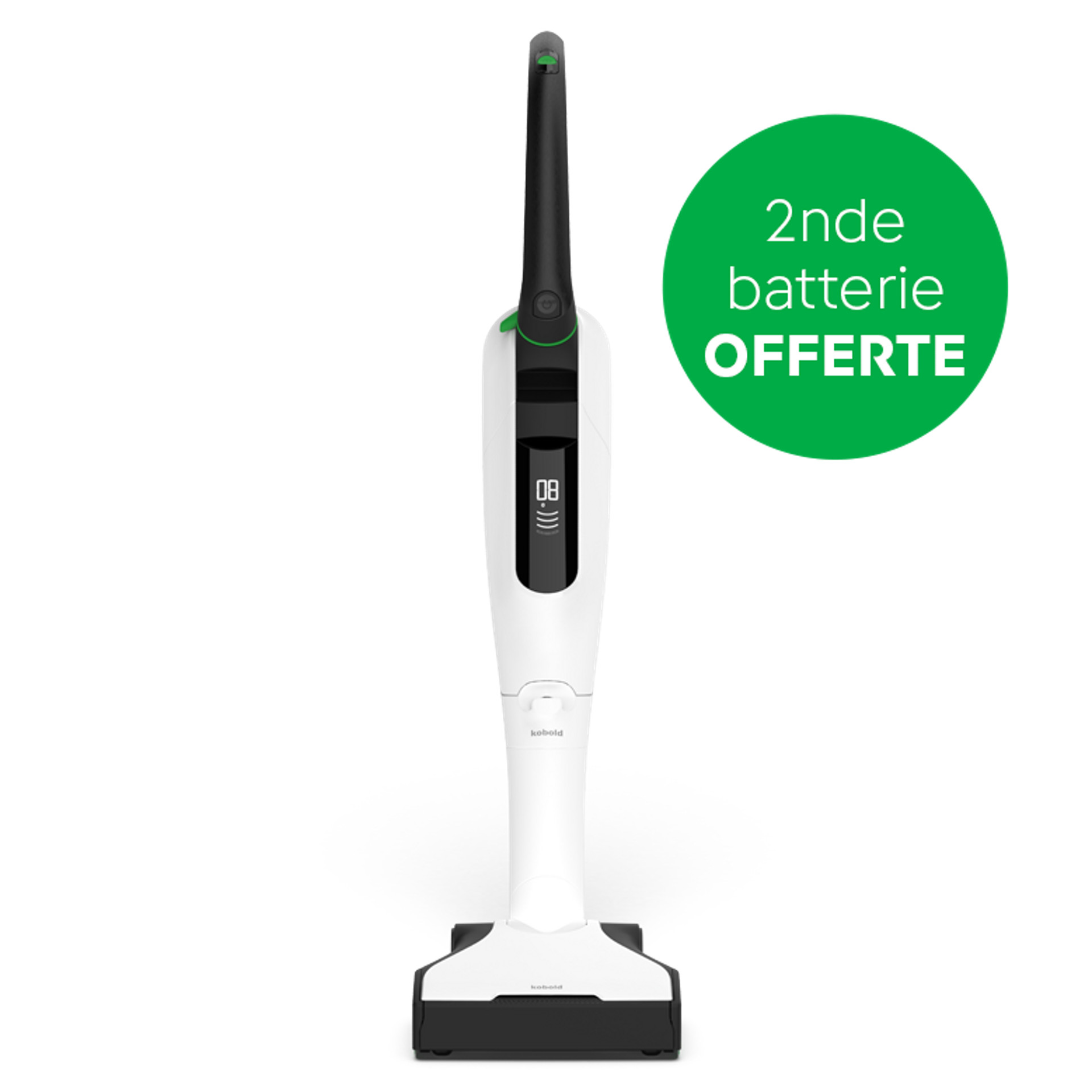 Aspirateur sans fil Kobold VK7 avec brosseur automatique EB7 et texte d’offre: "2nde batterie offerte".
