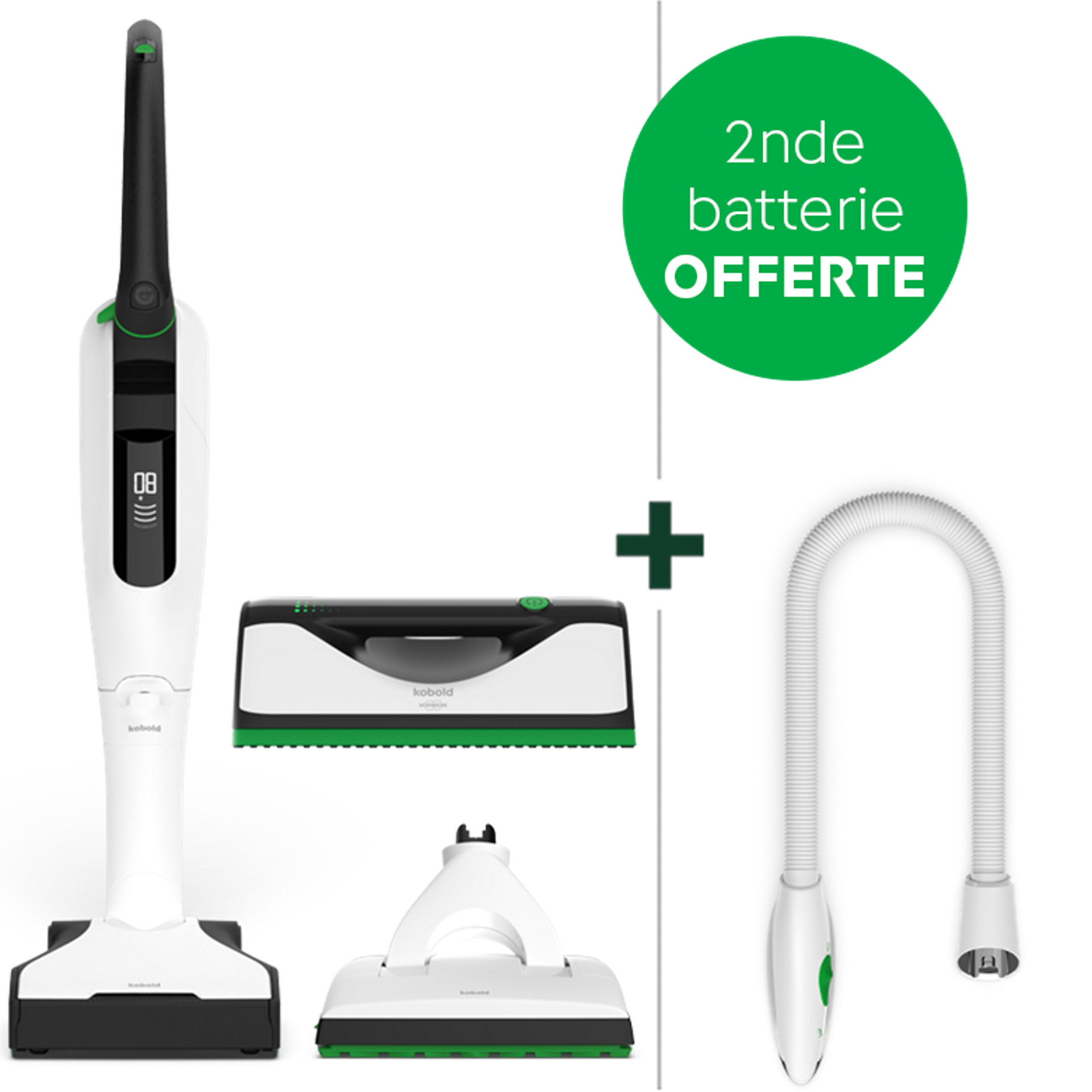 Aspirateur sans fil Kobold VK7 avec brosse DuoSpeed SP7, nettoyeur de vitres Kobold VG100+, brosseur PB7 et offre batterie.