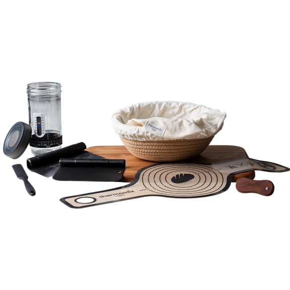 Kit de boulangerie avec banneton bocal tapis silicone coupe pâte lame planche et doublure en tissu
