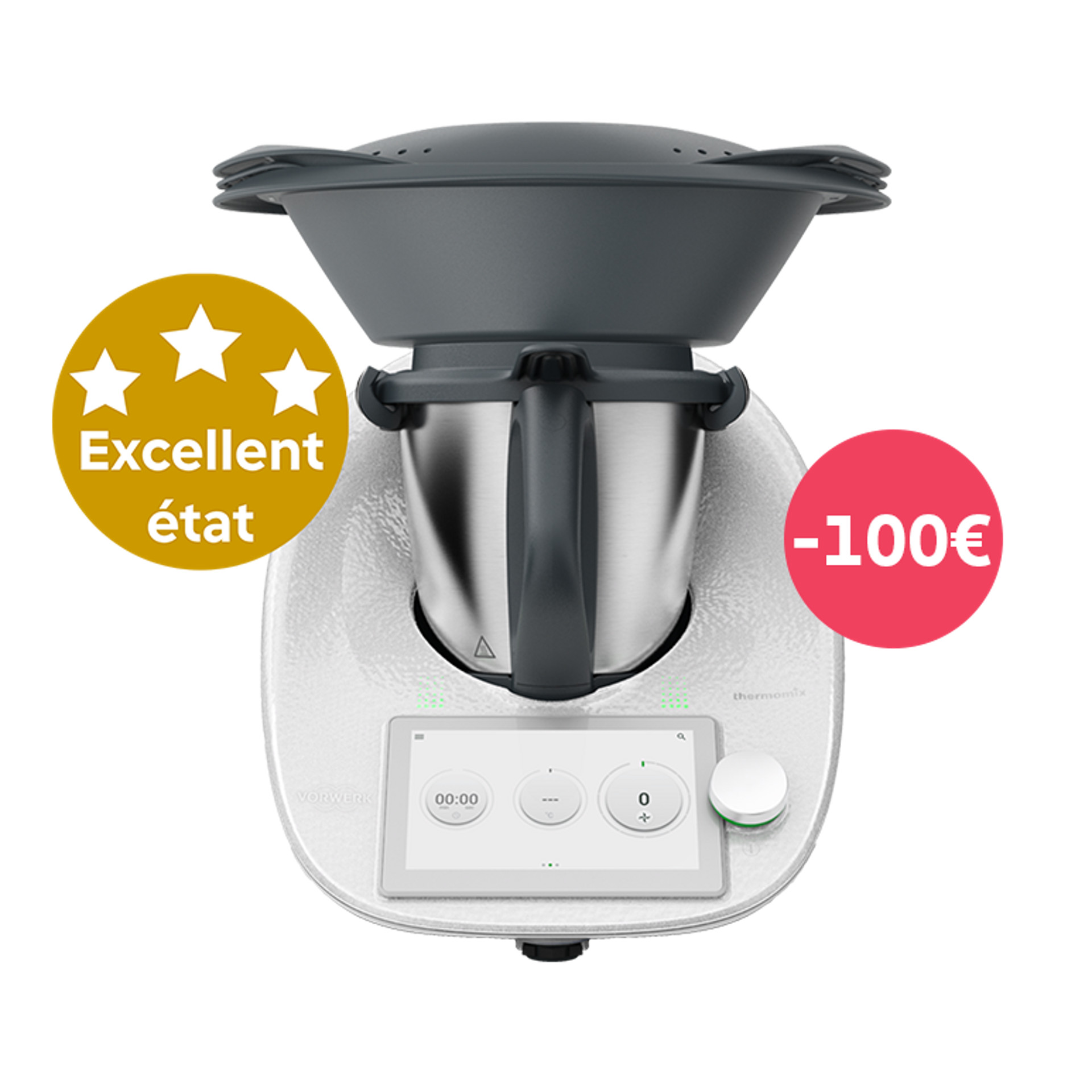 Thermomix® TM6 avec Varoma, pastille or « Excellent état » et cercle rouge « -100€ ».