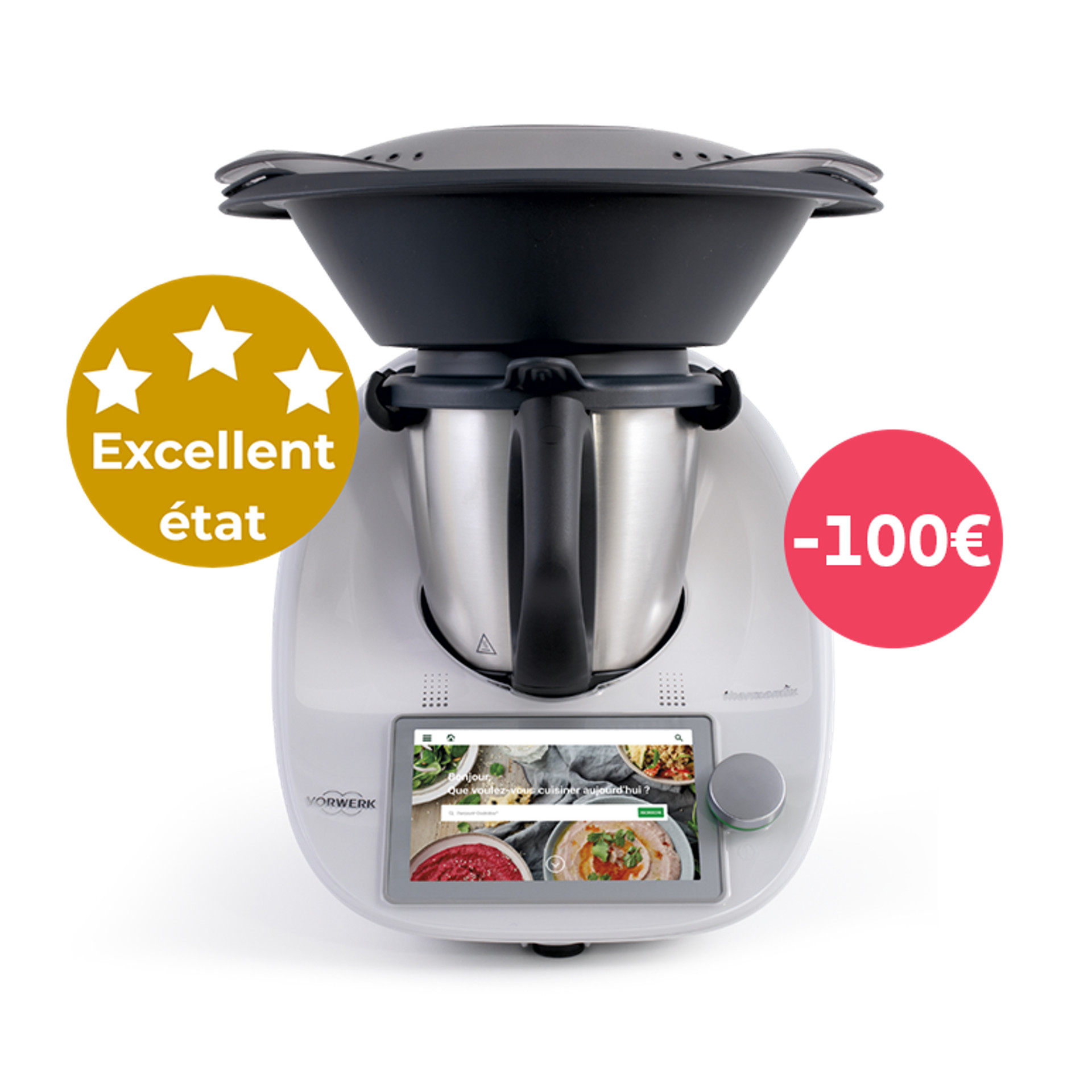 Thermomix® TM6 avec Varoma, badge "Excellent état" et étiquette de réduction "-100€".