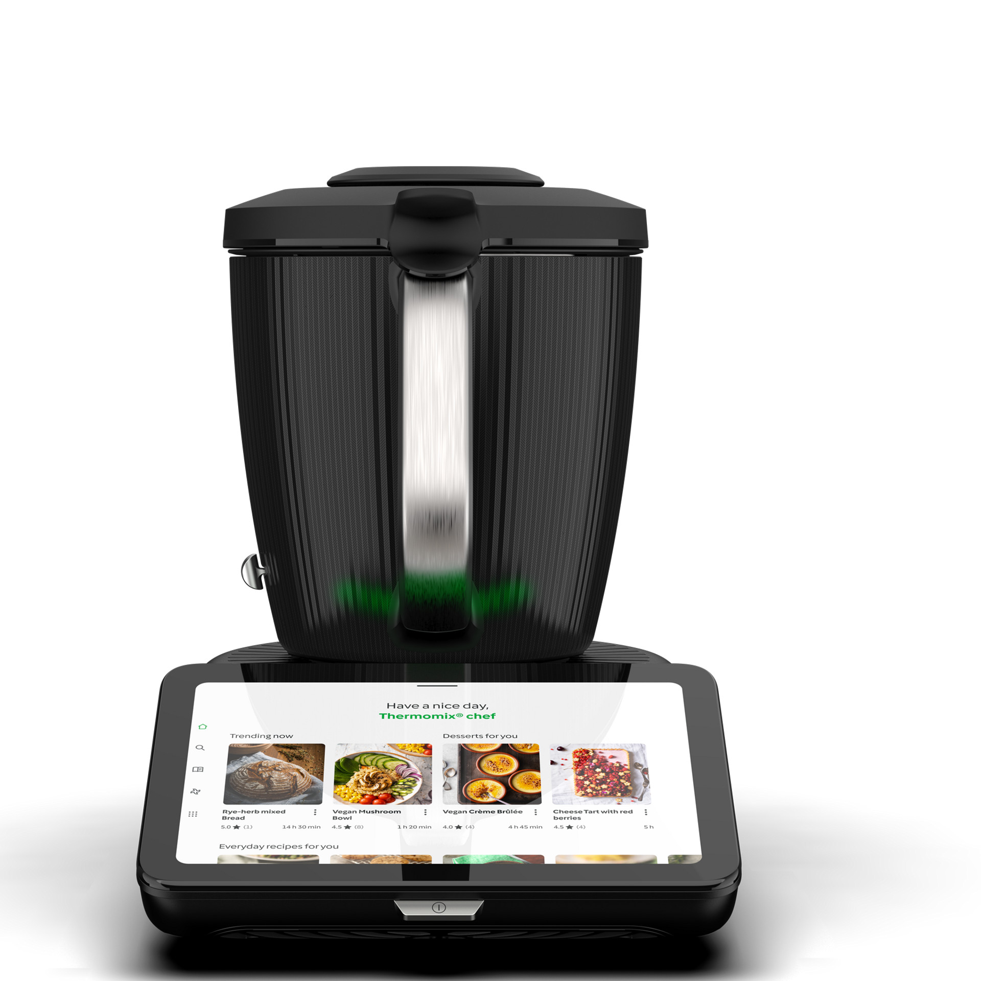 Thermomix® TM7 vue de face avec écran tactile affichant la sélection de recettes.