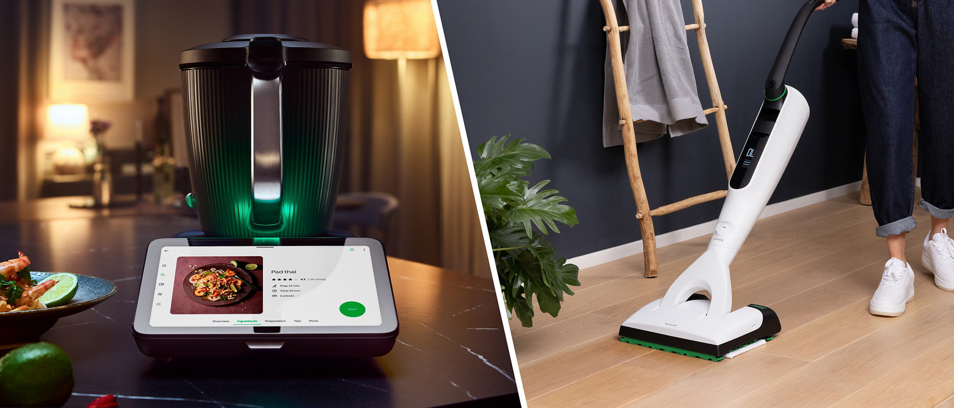 Thermomix TM7 sur plan de travail et femme passant aspirateur VK7