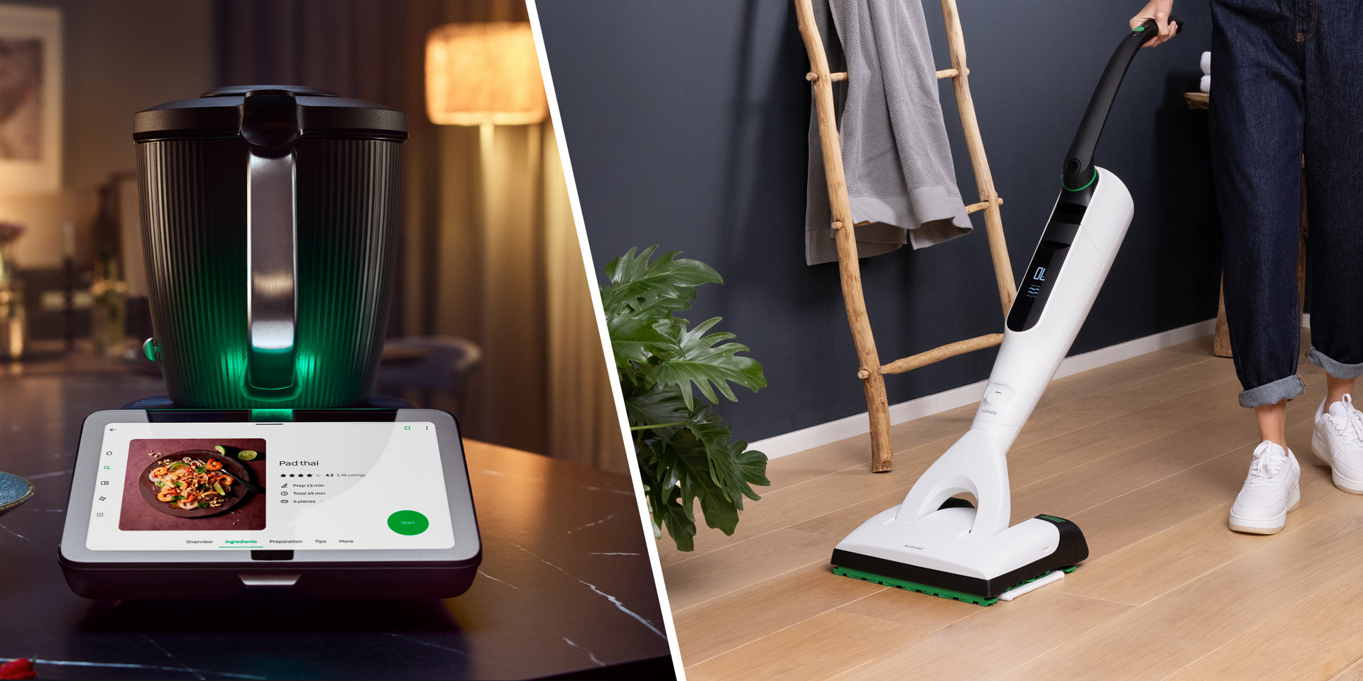 Thermomix® TM7 sur une table avec une recette affichée et aspirateur Kobold VK7 nettoyant un sol en bois.
