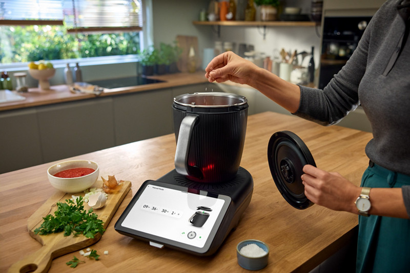 Une femme ajoute du sel dans le robot Thermomix TM7, dans une cuisine. Devant elle, une planche avec des herbes, de l’oignon et un bol de sauce tomate est posée sur le plan de travail.
