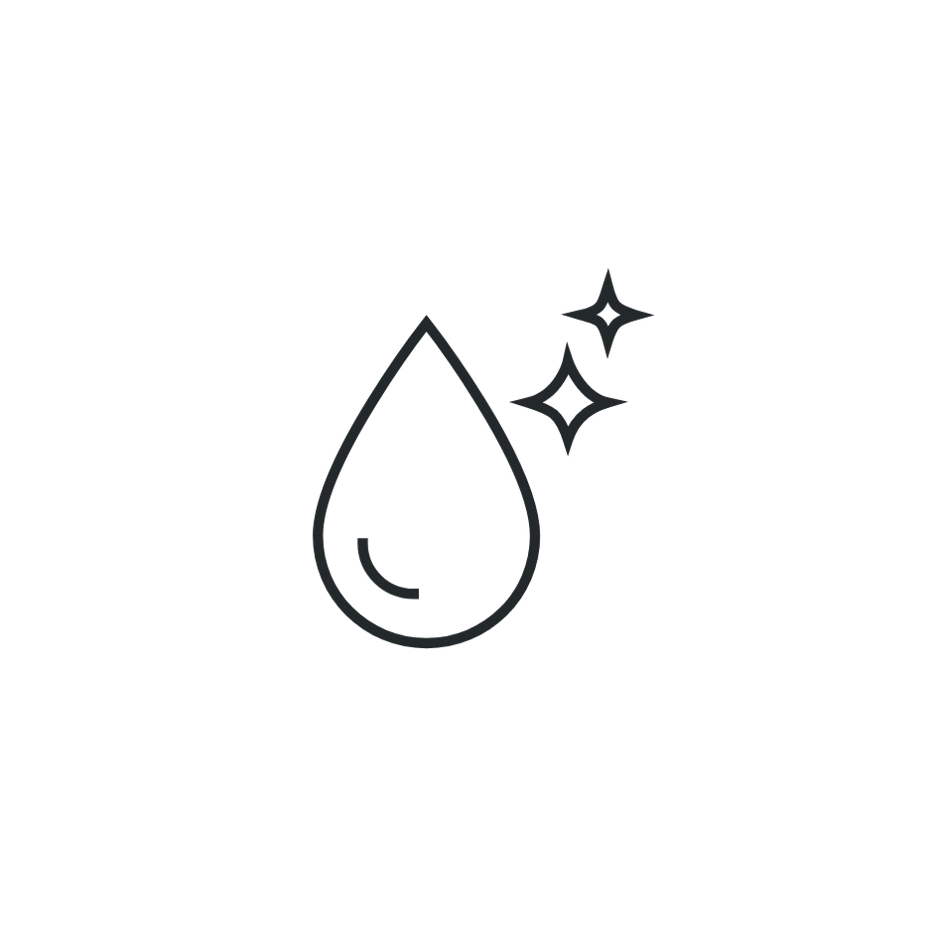 Dessin noir d'une goutte d'eau et deux étoiles scintillantes, indiquant la propreté ou la fraîcheur.