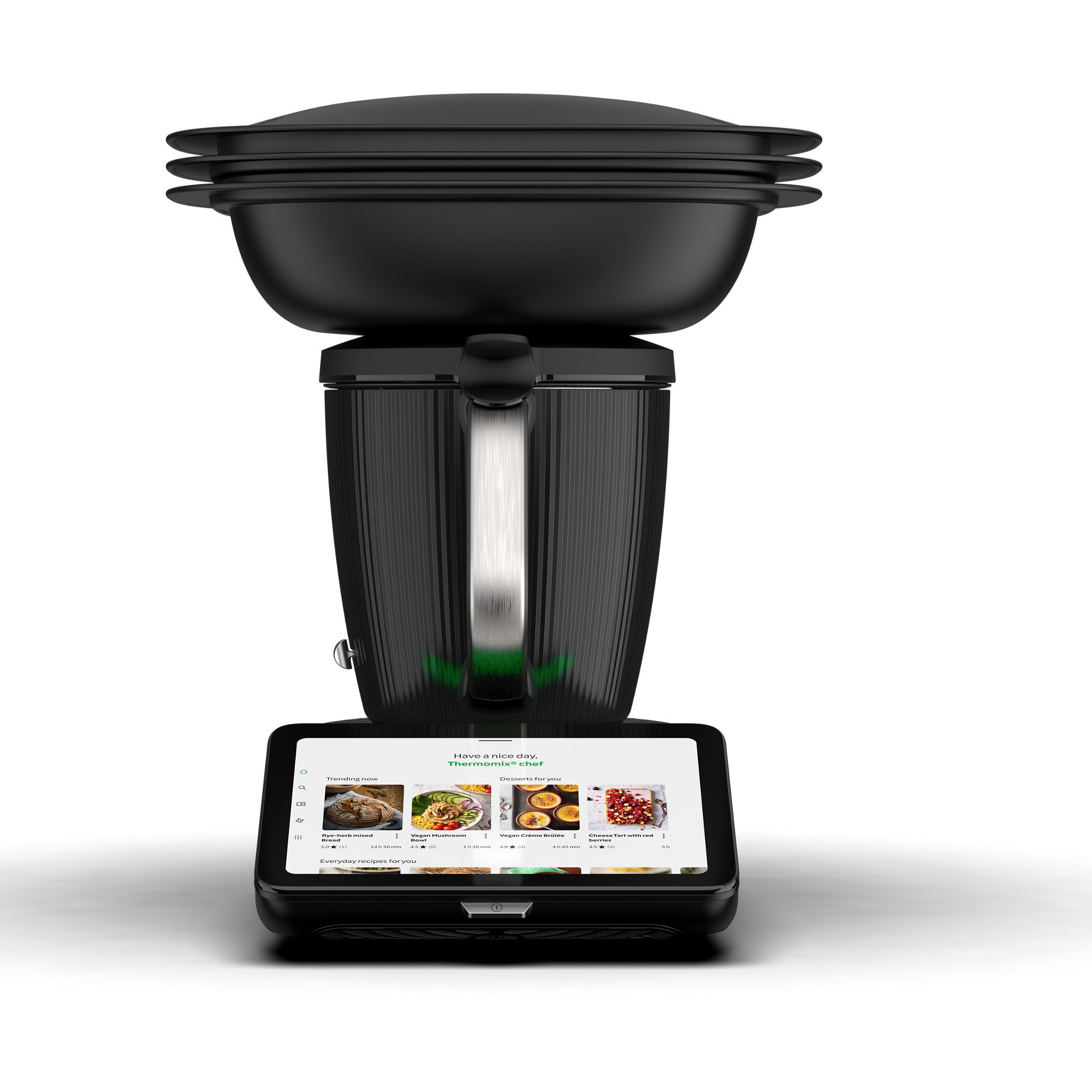 Thermomix® TM7 avec Varoma et écran numérique affichant la sélection de recettes, vue de face.