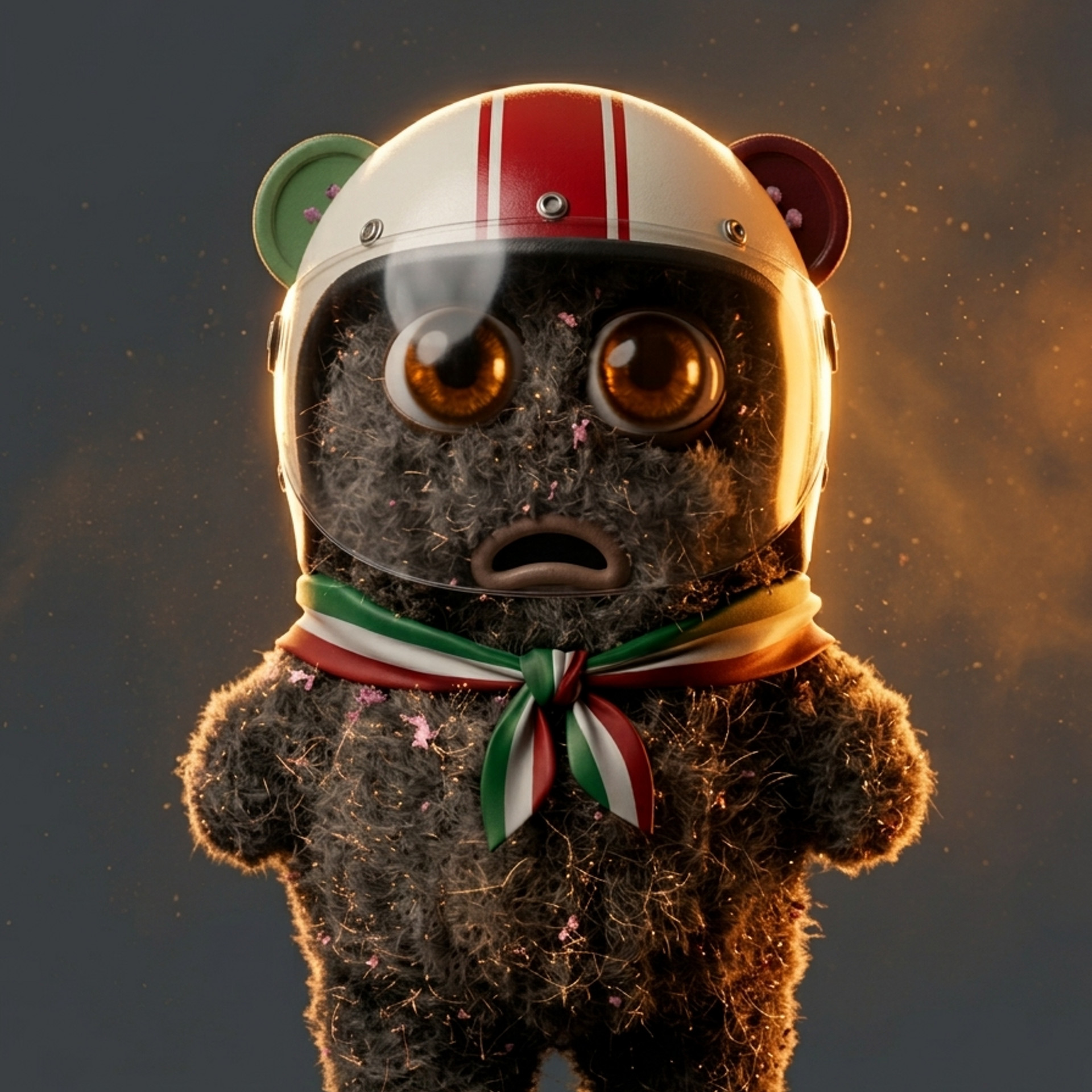 Fluffy toy bear wearing a racing helmet with red stripes and a scarf in Italian flag colors, set against a dark background.