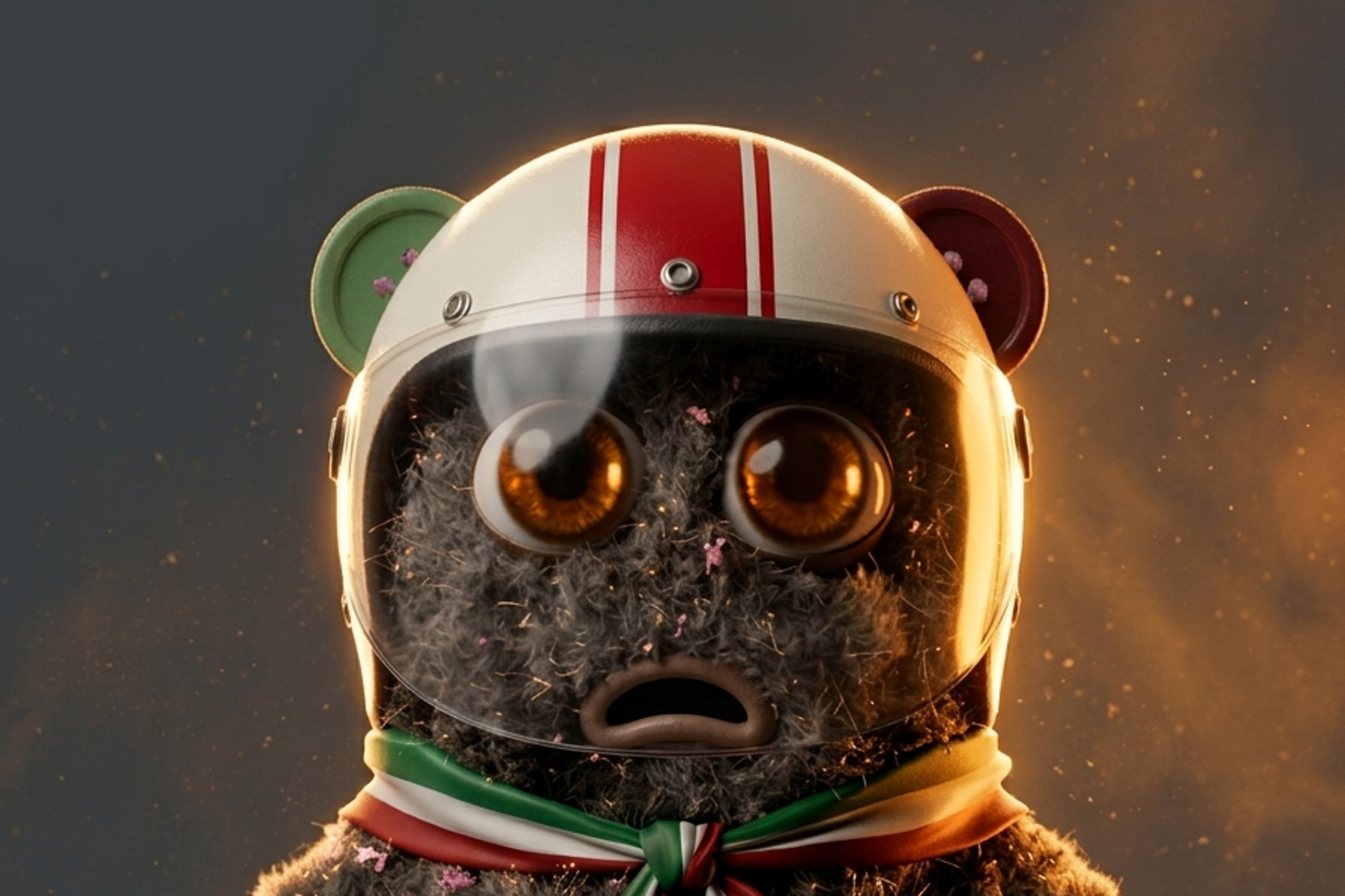 Fluffy toy bear wearing a racing helmet with red stripes and a scarf in Italian flag colors, set against a dark background.