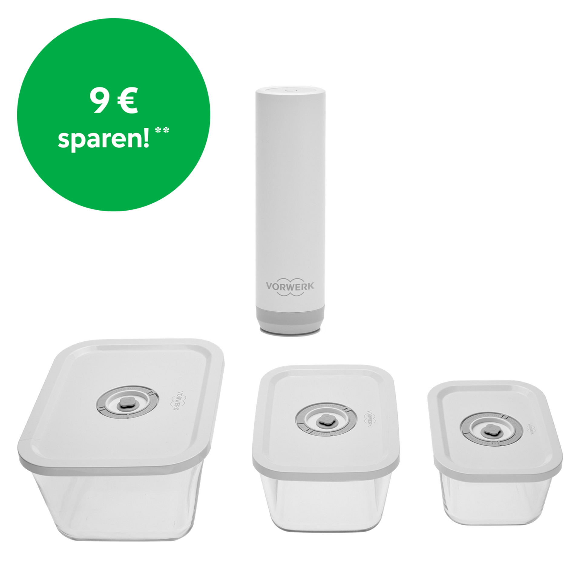 Vorwerk Vakuumierer mit drei transparenten Frischhalteboxen in verschiedenen Größen und grünem Euro-Spar-Badge.