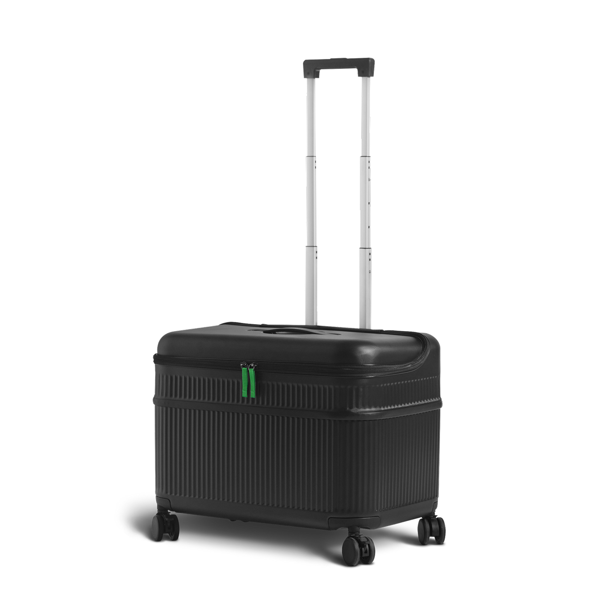Black rolling suitcase with extended silver handle and green zipper pulls, shown on four wheels.