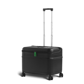 Black rolling suitcase with extended silver handle and green zipper pulls shown on four wheels