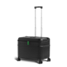 Black rolling suitcase with extended silver handle and green zipper pulls shown on four wheels