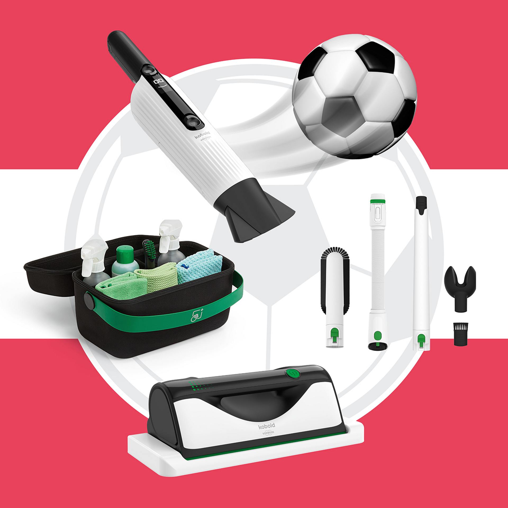 Kobold VM7 Akkusauger und Kobold VG100+ Flächenreiniger mit Zubehörset und Fußball vor rot-weißem Hintergrund.