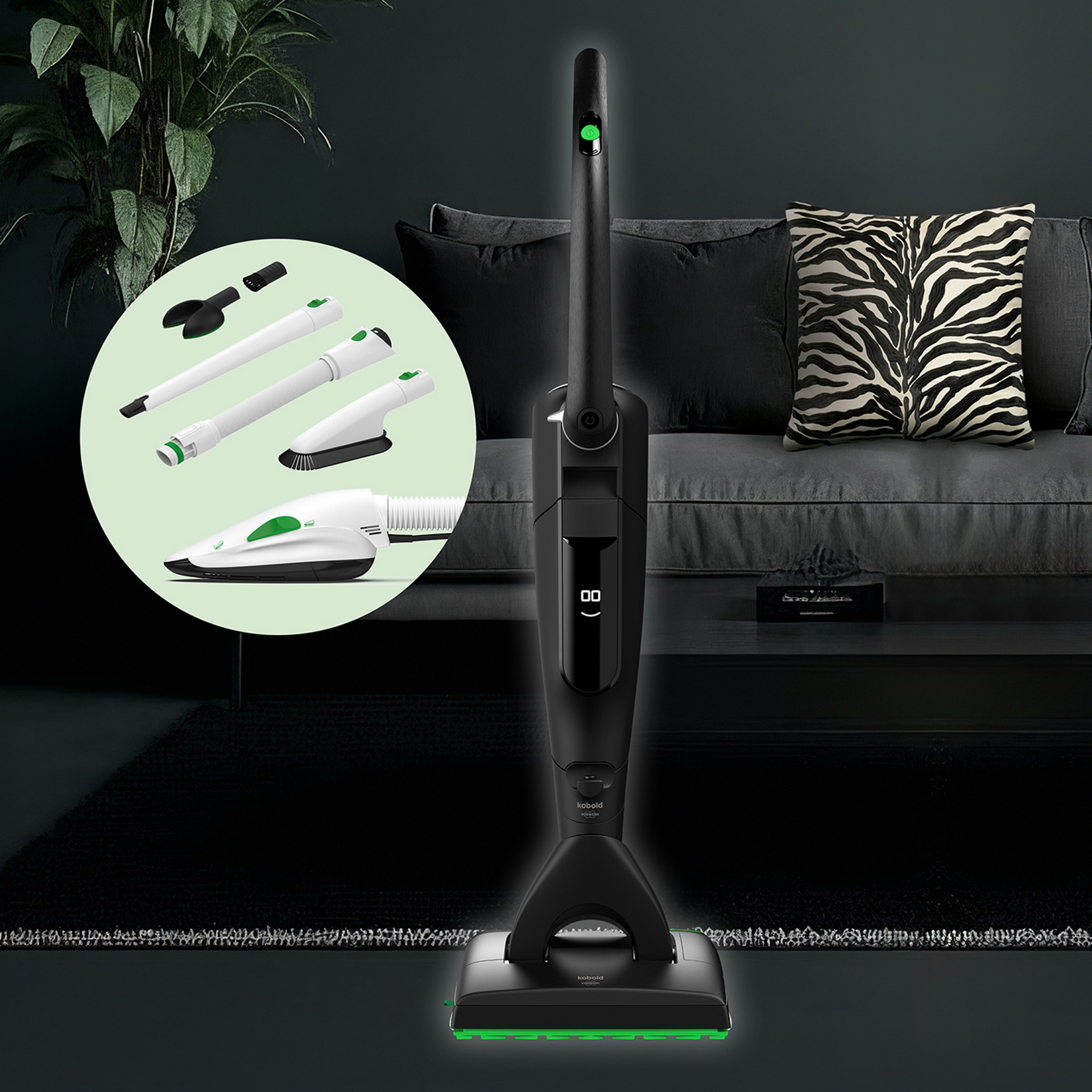 Kobold VK7 Akku-Staubsauger mit SP7 Saugwischer Special Edition Black steht im Wohnzimmer; Reinigungszubehör kreisförmig dargestellt.