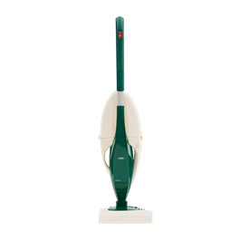Grün-weißer Vorwerk Bodenstaubsauger von vorne, mit flachem Reinigungskopf.