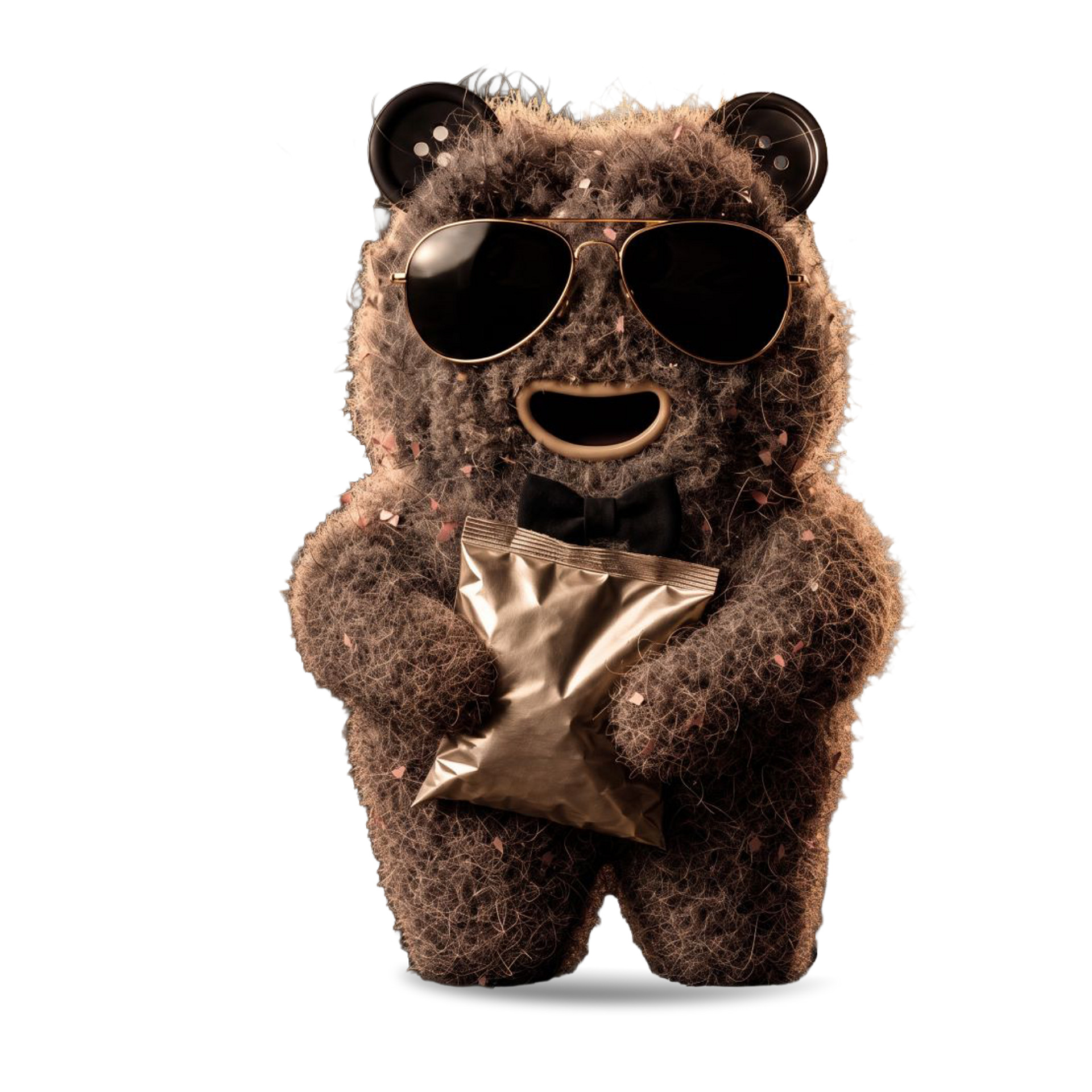 Plüschbär mit Sonnenbrille und glänzender Tüte, mit Konfetti im Fell.