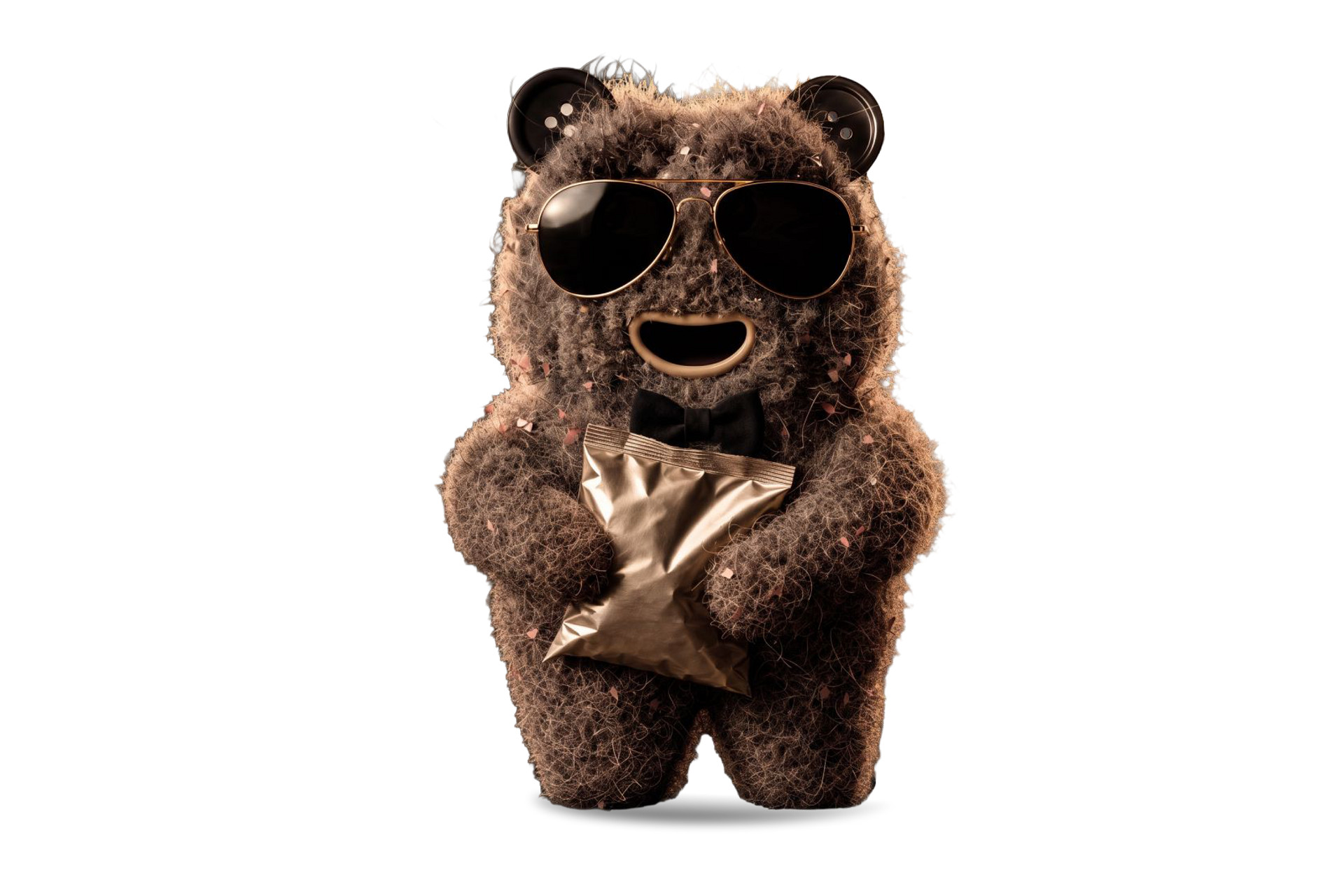 Plüschbär mit Sonnenbrille und glänzender Tüte, mit Konfetti im Fell.