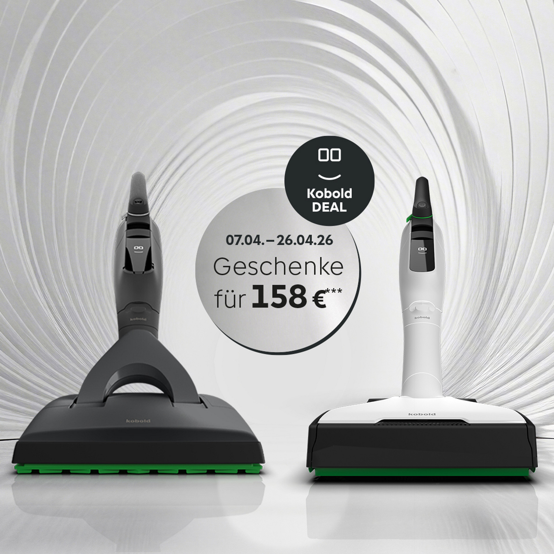 Kobold VK7 in Schwarz und Weiß mit EB7, Angebotshinweis auf Deutsch für April 2026.