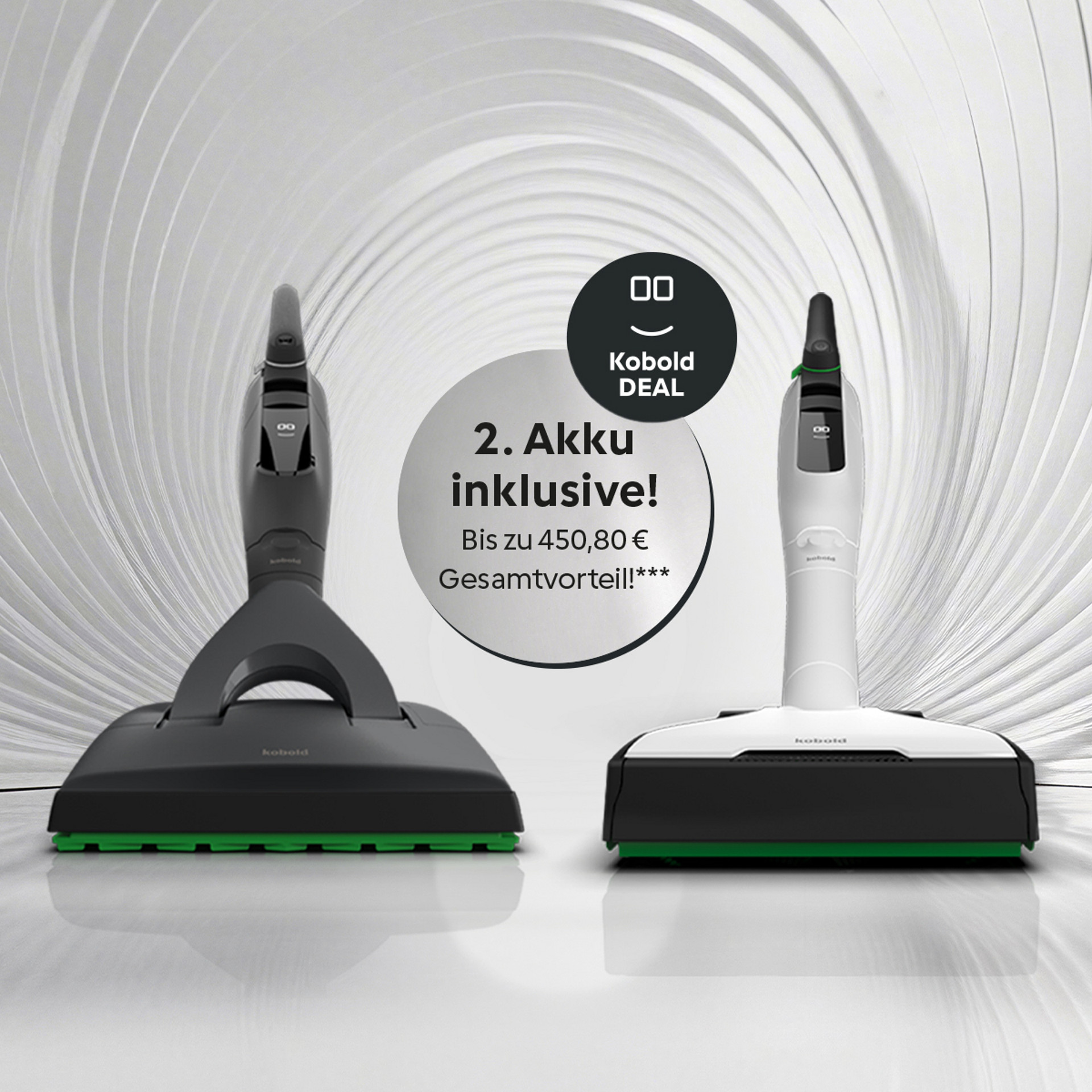 Kobold VK7 Akku-Staubsauger mit EB7 Elektrobürste in Schwarz und Weiß, Angebot mit zweitem Akku auf modernem Hintergrund.