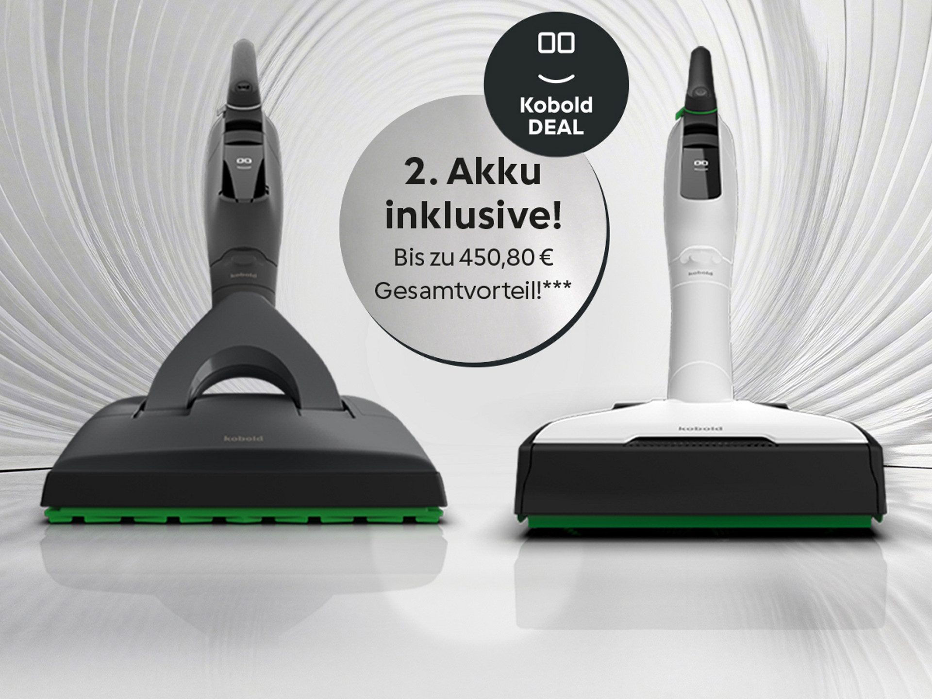 Kobold VK7 Akku-Staubsauger mit EB7 Elektrobürste in Schwarz und Weiß, Angebot mit zweitem Akku auf modernem Hintergrund.