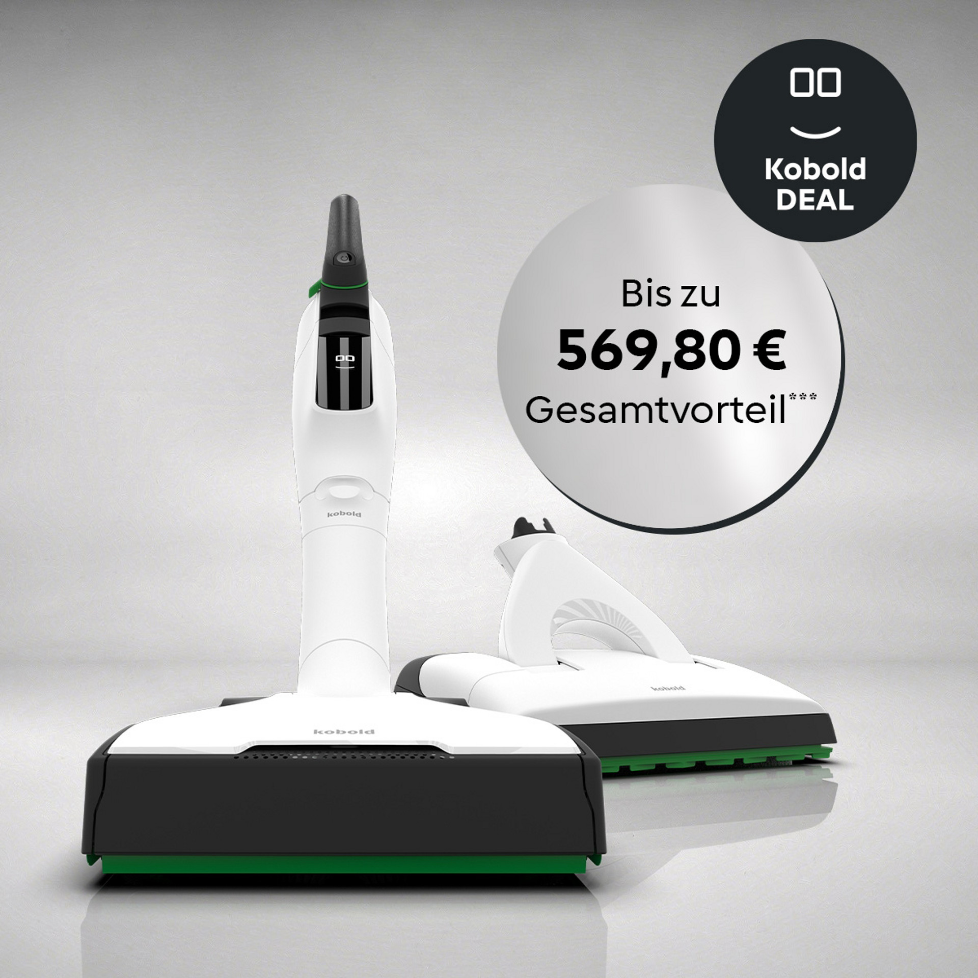 Kobold VK7 Akku-Staubsauger mit SP7 Saugwischer und Angebotsbadge mit „Kobold Deal: Bis zu 569,80 € Gesamtvorteil“.