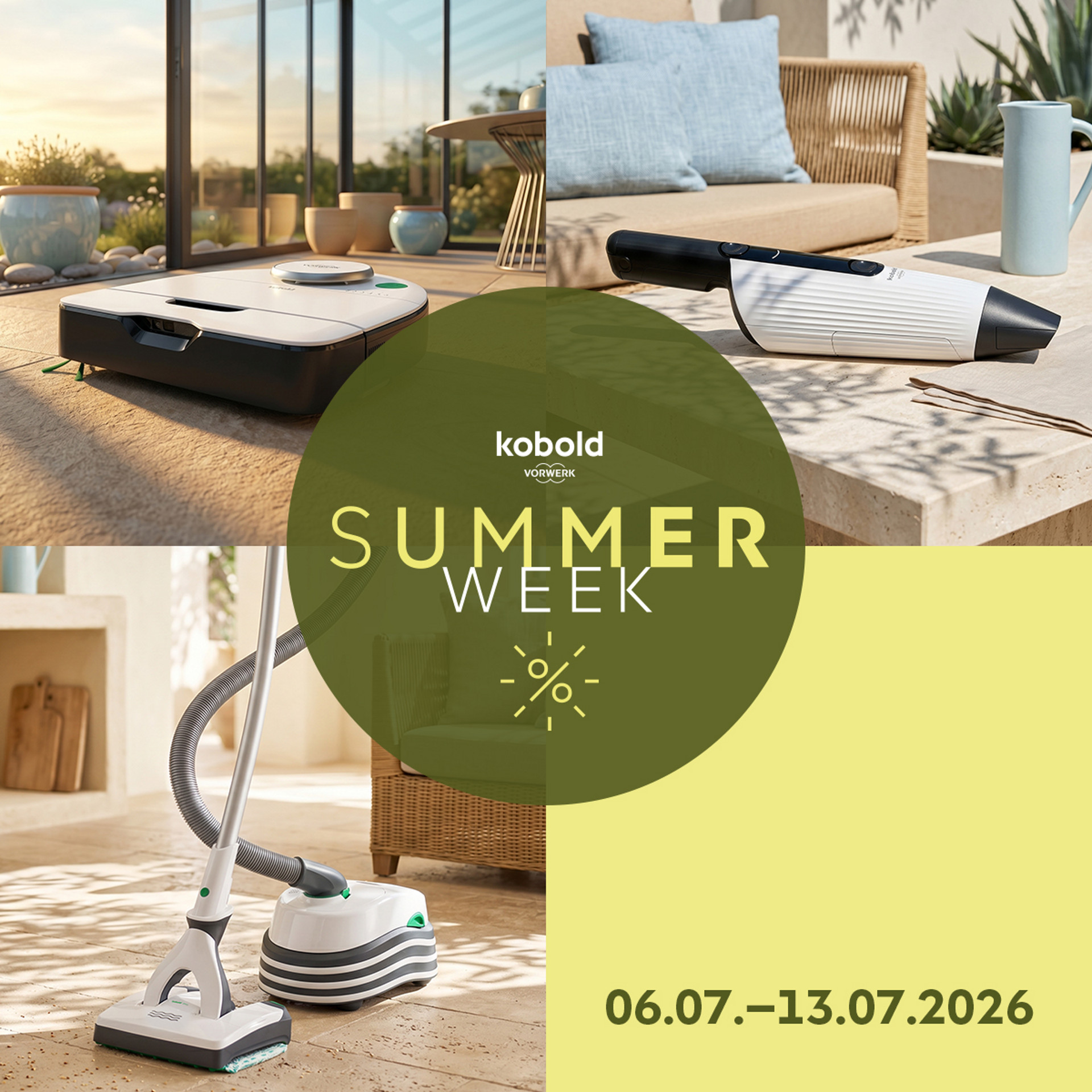 Kobold VR7, Kobold VM7 und Kobold VT300 in einer sommerlichen Kobold Summer Week Aktion mit Datum 06.07.–13.07.2026.