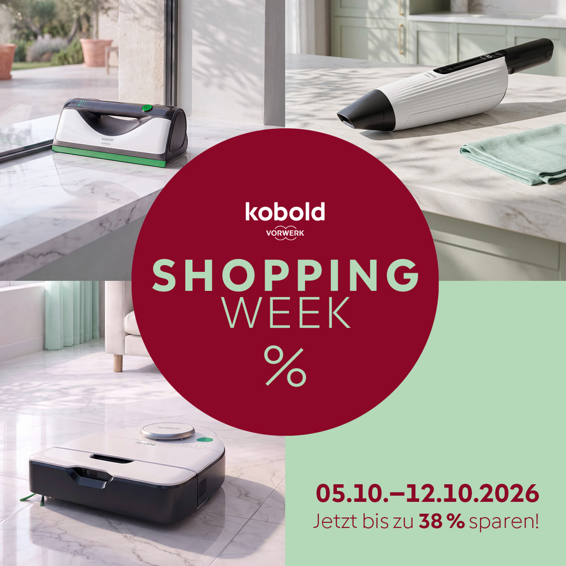 Kobold VG100+, Kobold VM7 und Kobold VR7 mit "Shopping Week"-Badge, 38 % sparen, Datum 05.10.–12.10.2026.