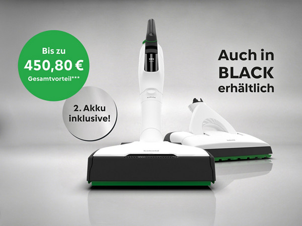 Kobold Akku-Staubsauger & Zubehör vor grauem Hintergrund