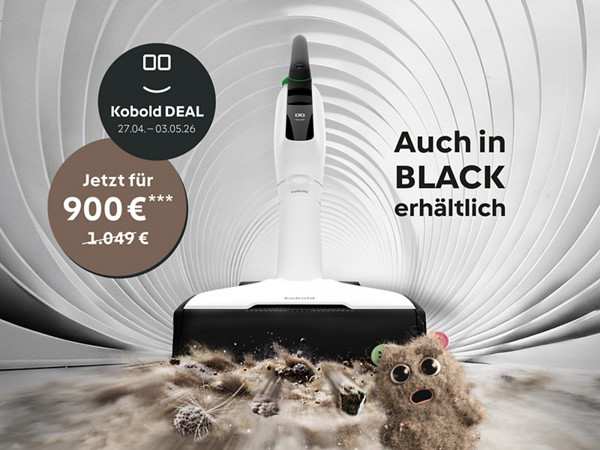Kobold Akku-Staubsauger in weiß & Testsieger Logo