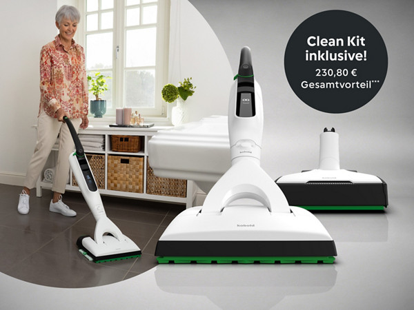 Kobold VK7 Akku-Staubsauger mit SP7 Saugwischer und Clean Kit-Angebot im Schlafzimmer, Reinigungsszene, Produkt nah.