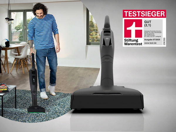Kobold Akku-Staubsauger in Schwarz & Testsieger Logo