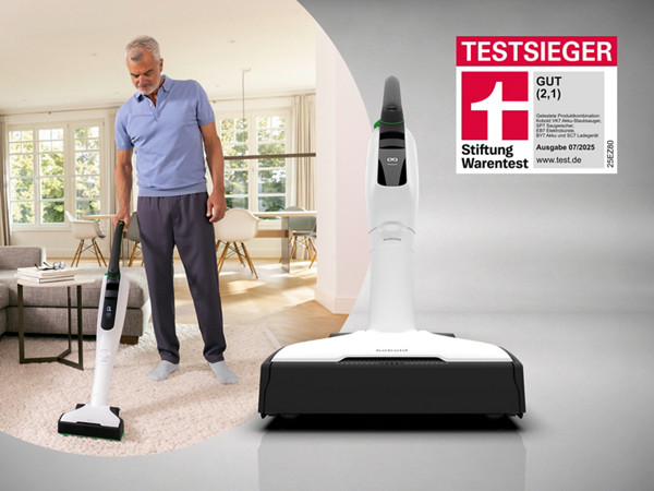 Kobold Akku-Staubsauger in weiß & Testsieger Logo