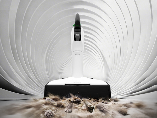 Kobold Akku-Staubsauger in weiß saugt Staub