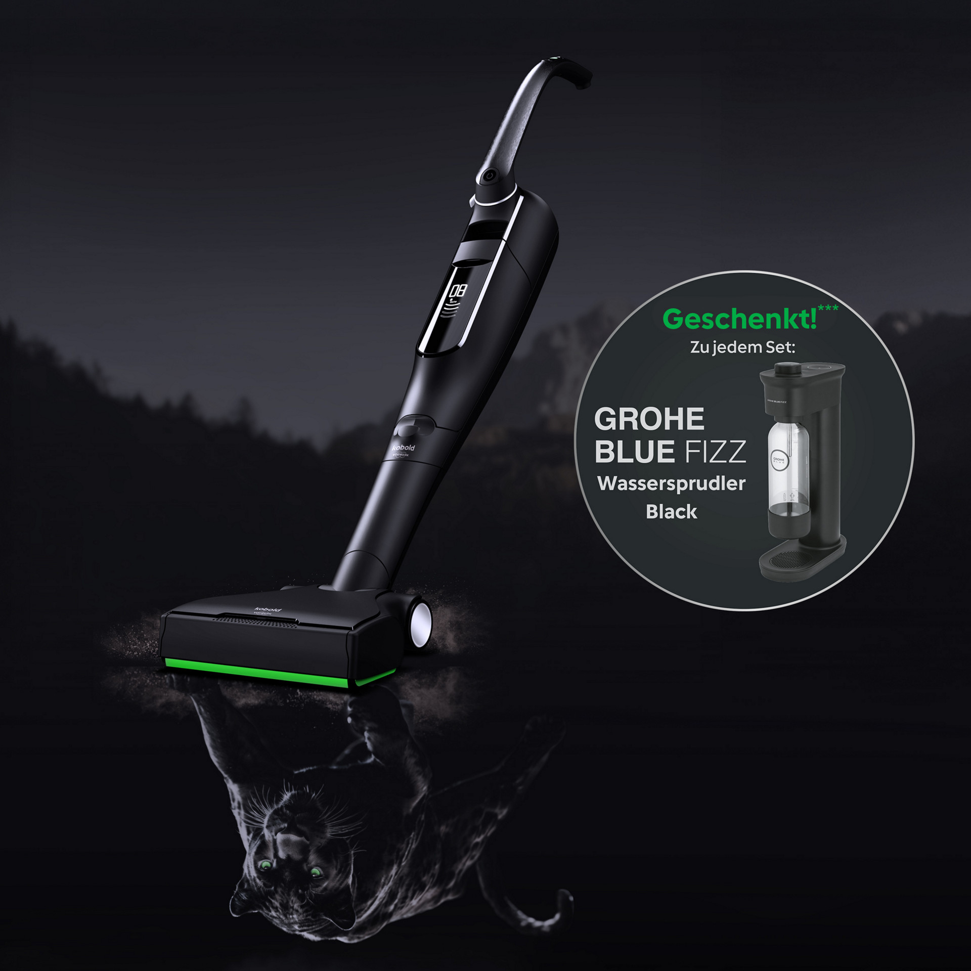 Schwarzer Staubsauger mit Panther-Spiegelung, Wassersprudler