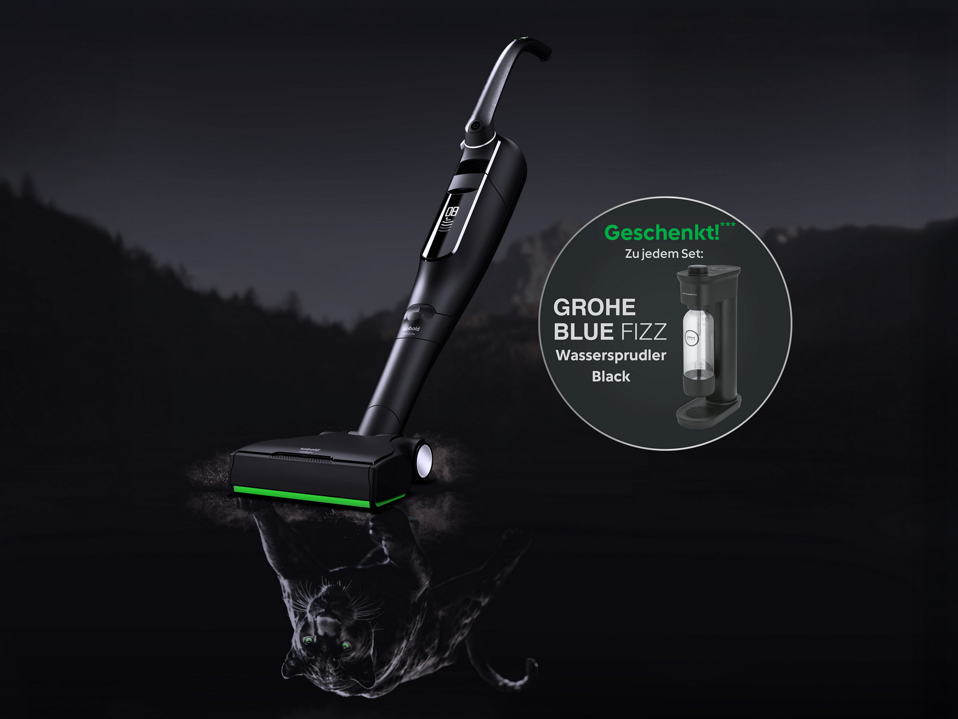 Schwarzer Staubsauger mit Panther-Spiegelung, Wassersprudler