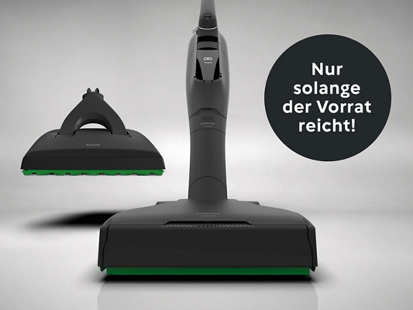 Schwarzer Kobold Akku-Staubsauger vor grauem Hintergrund