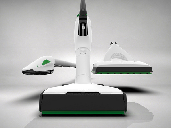 Kobold Akku-Staubsauger & Zubehör vor grauem Hintergrund