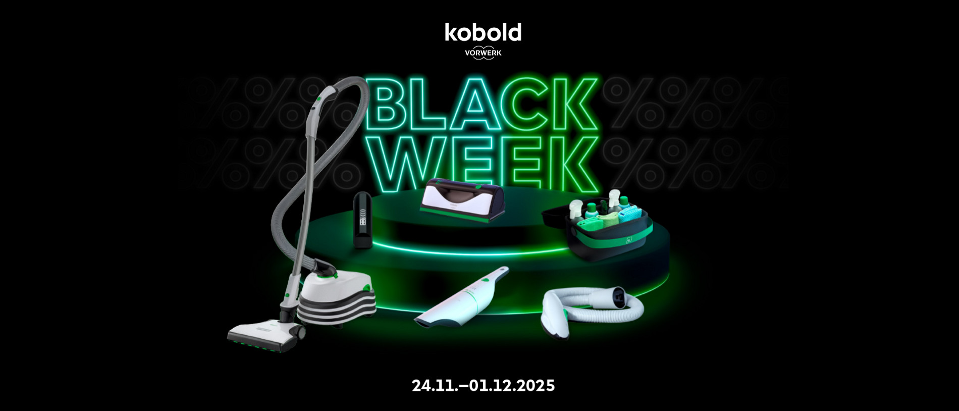 Grün leuchtendes Podest mit diversen Kobold Produkten