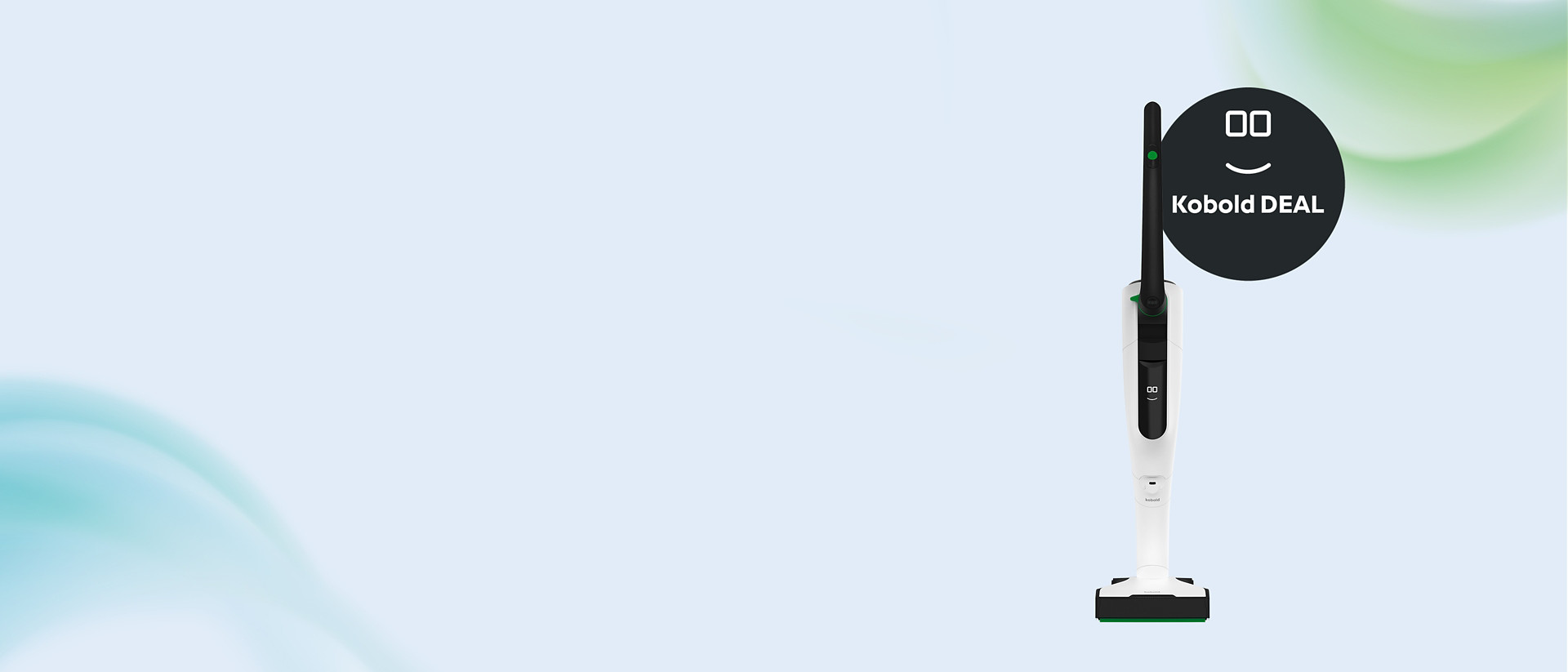 Kobold VK7 Akku-Staubsauger mit EB7 Elektrobürste und Kobold DEAL Text auf hellblauem Hintergrund.
