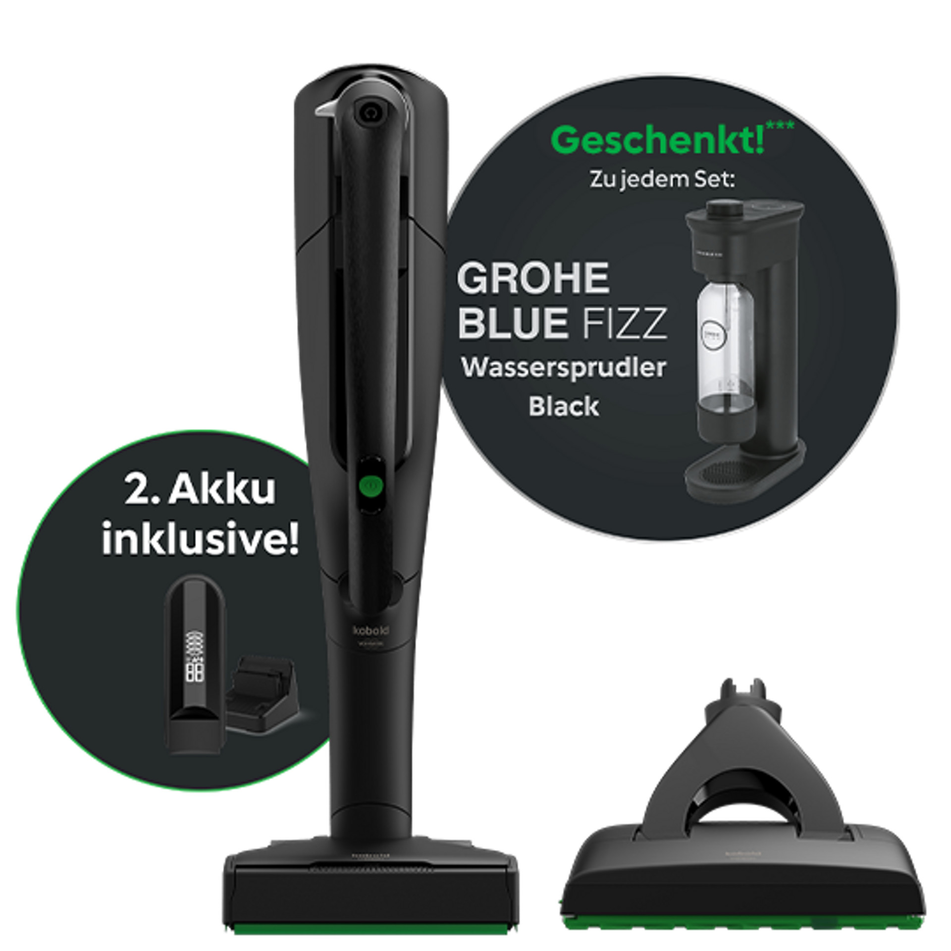 Schwarzer Staubsauger mit Saugwischer,  GROHE Wassersprudler