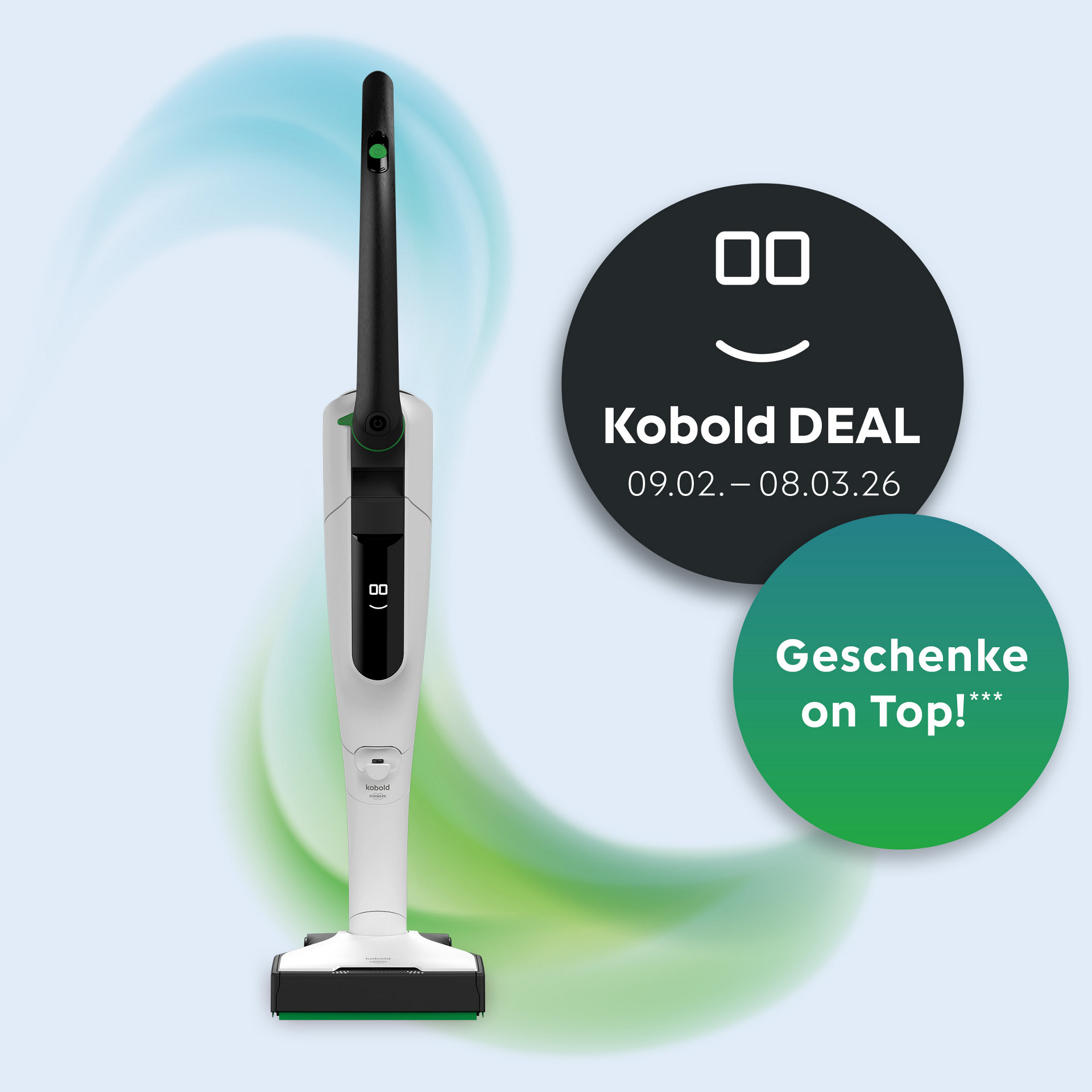 Kobold VK7 Akku-Staubsauger mit EB7 Elektrobürste, Werbekreise mit Text "Kobold DEAL" und "Geschenke on Top!".