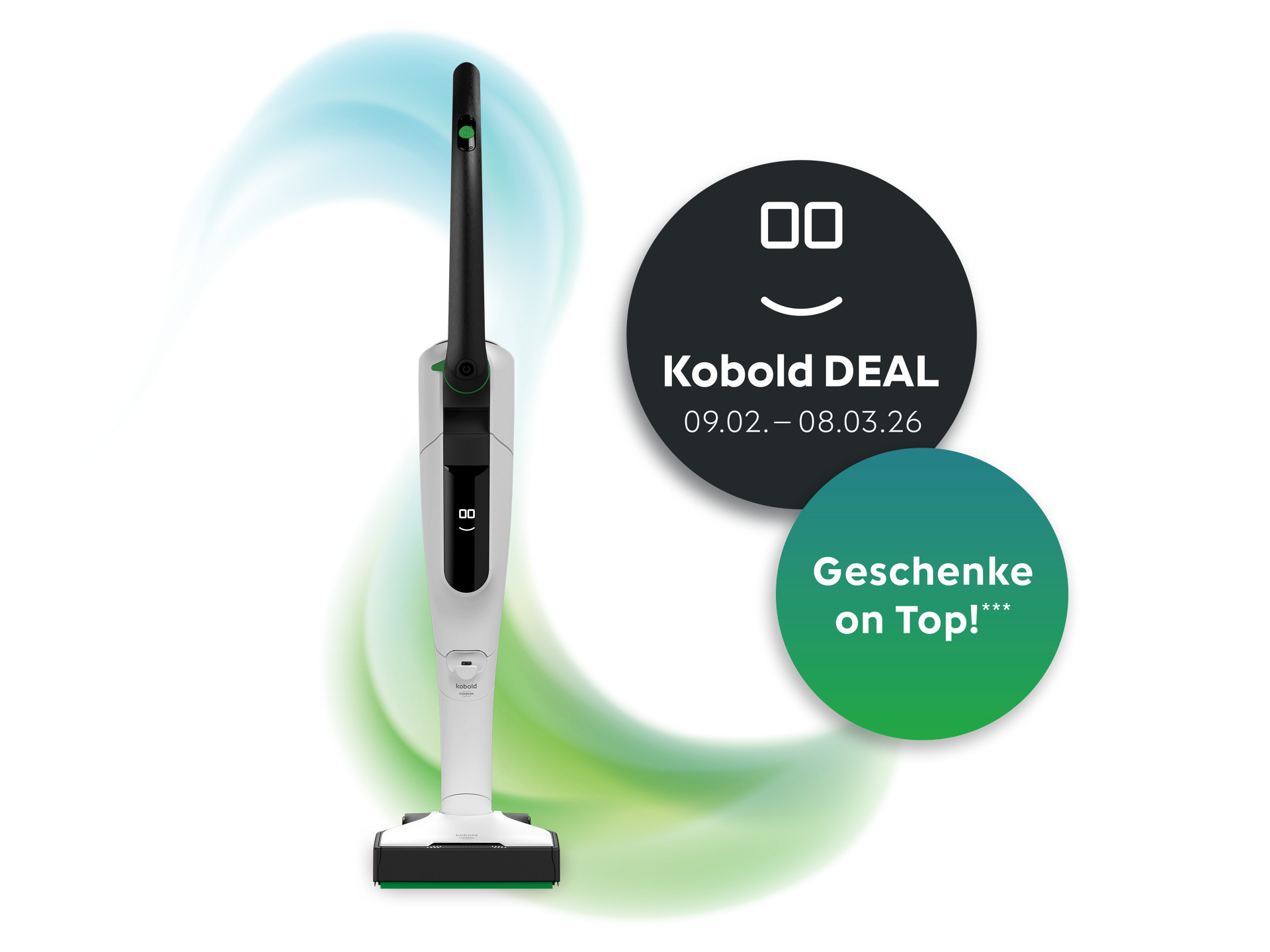 Kobold VK7 Akku-Staubsauger mit grün-blauen Wirbeln, Werbetext "Kobold DEAL" und "Geschenke on Top!" mit Angebotsdaten.