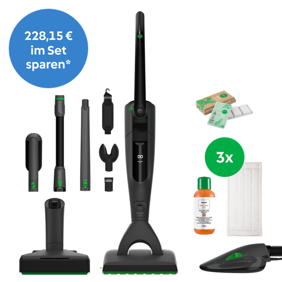 Kobold VK7 Akku Staubsauger mit EB7 Elektrobürste Special Edition Black SP7 Saugwischer Special Edition Black PB7 Elektro Polsterbürste Zubehör Reinigungstücher Reinigungsmittel und einem Sparpreislabel